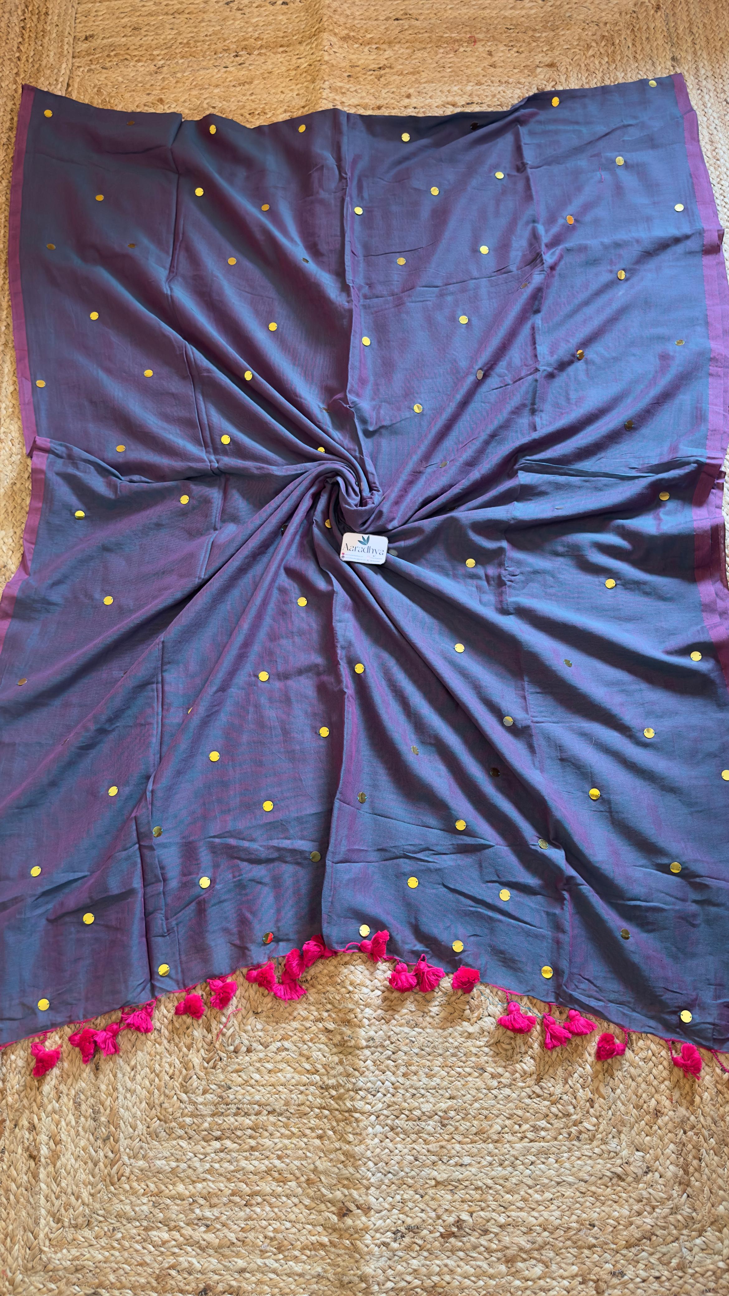 GINI Work | Dual Tone Peacock Blue Soft Cotton Saree