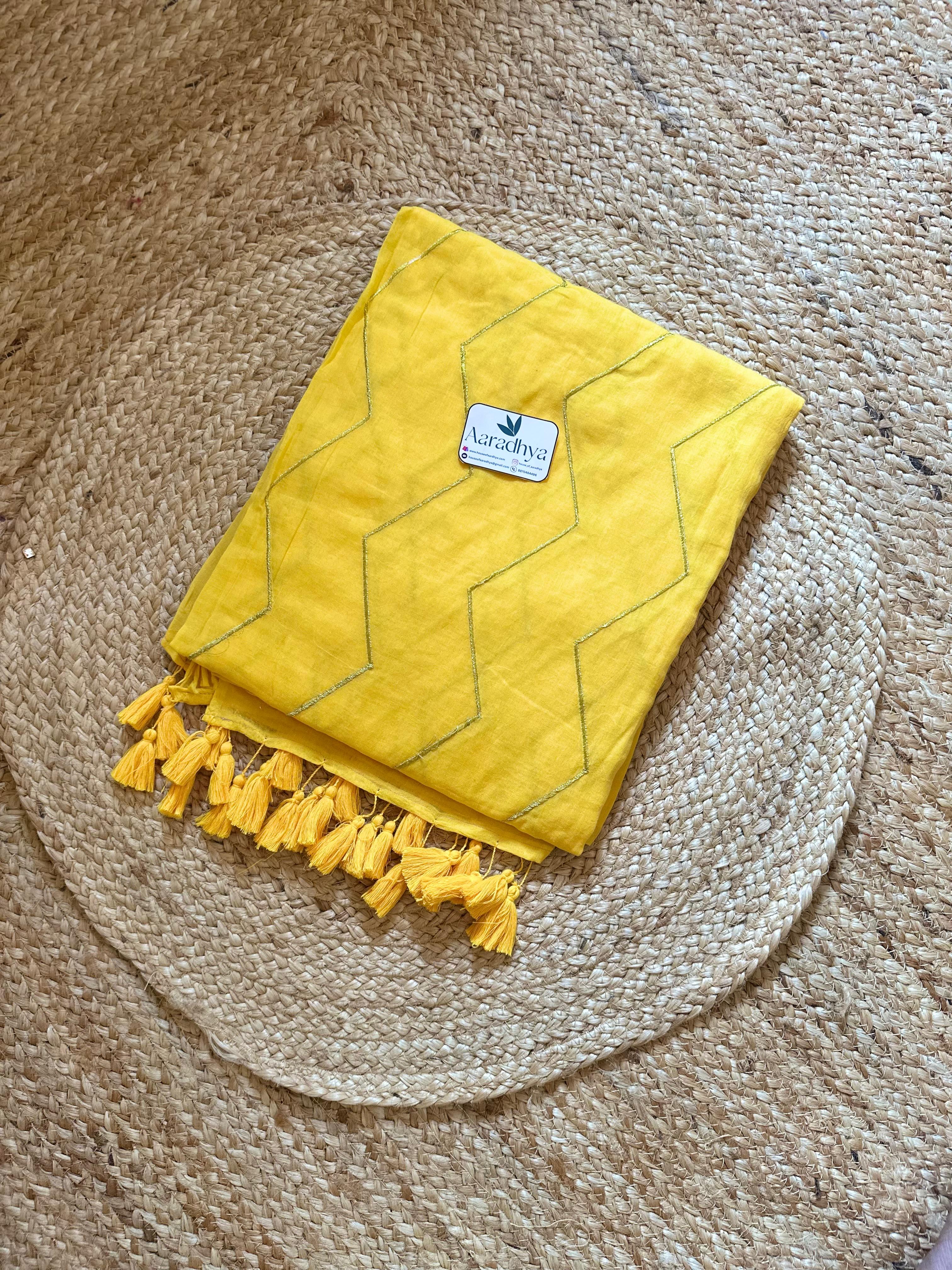 ZigZag Embroidery |Yellow Mul Cotton Saree