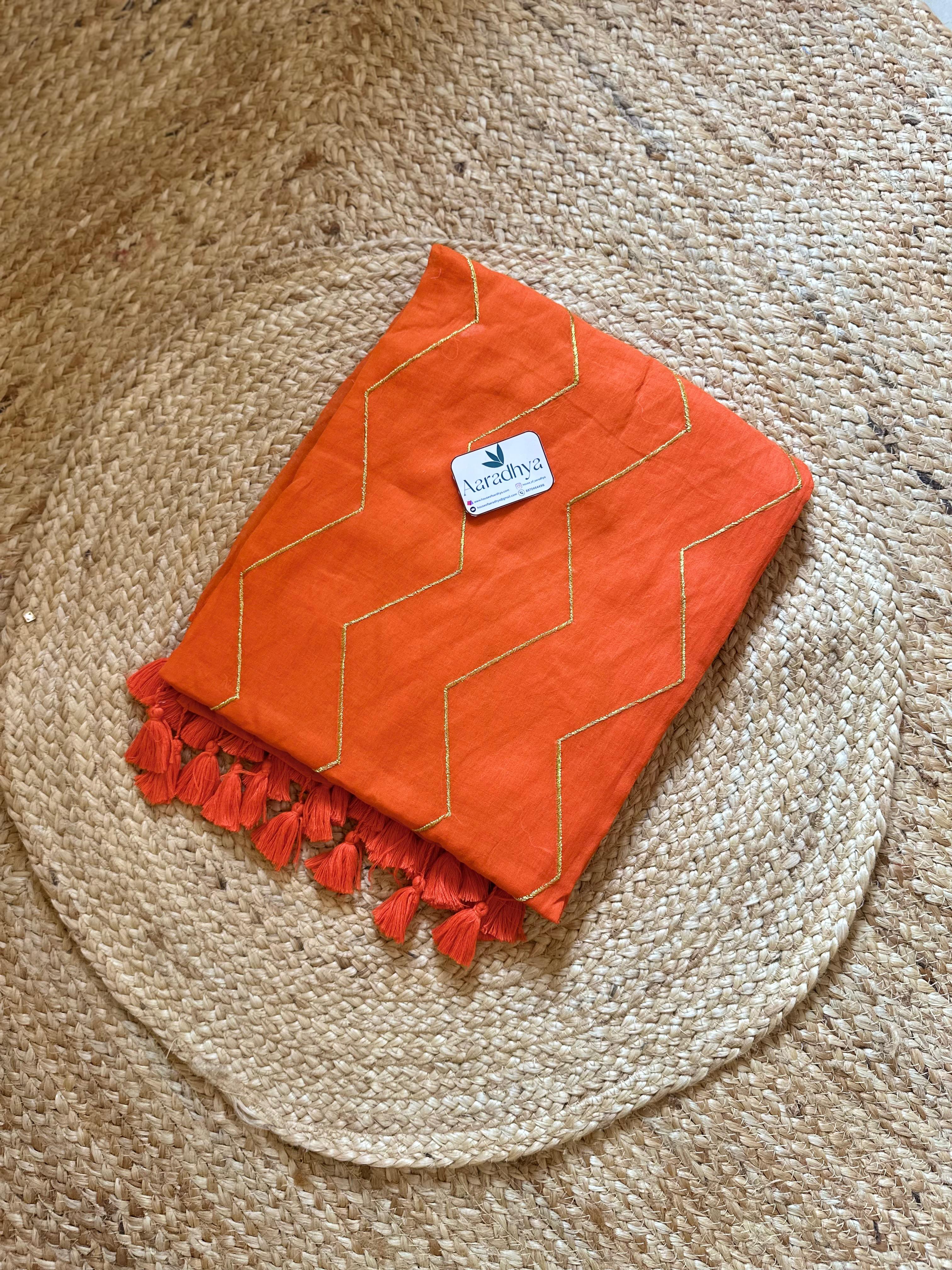 ZigZag Embroidery |Orange Mul Cotton Saree