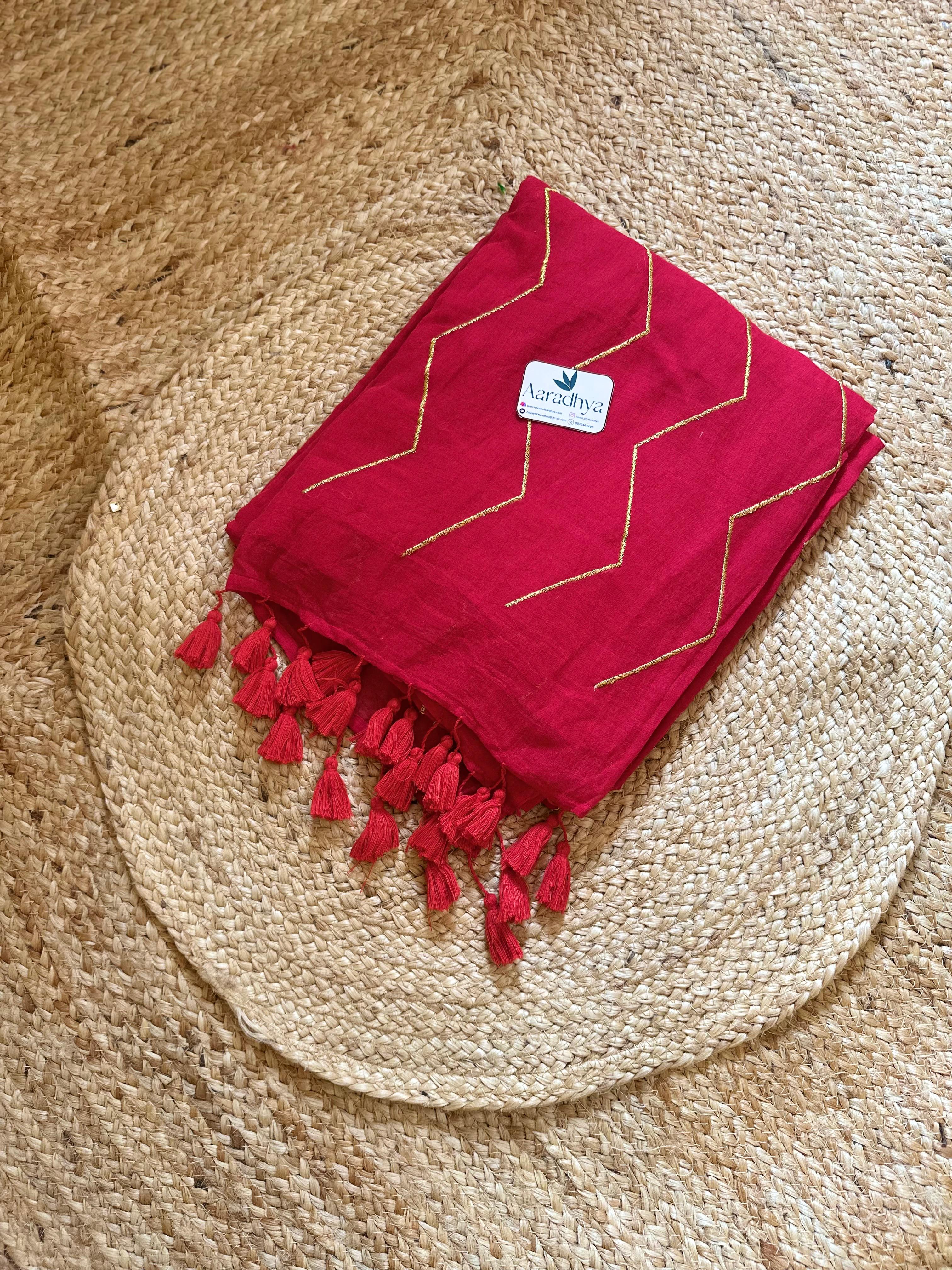 ZigZag Embroidery |Red Mul Cotton Saree