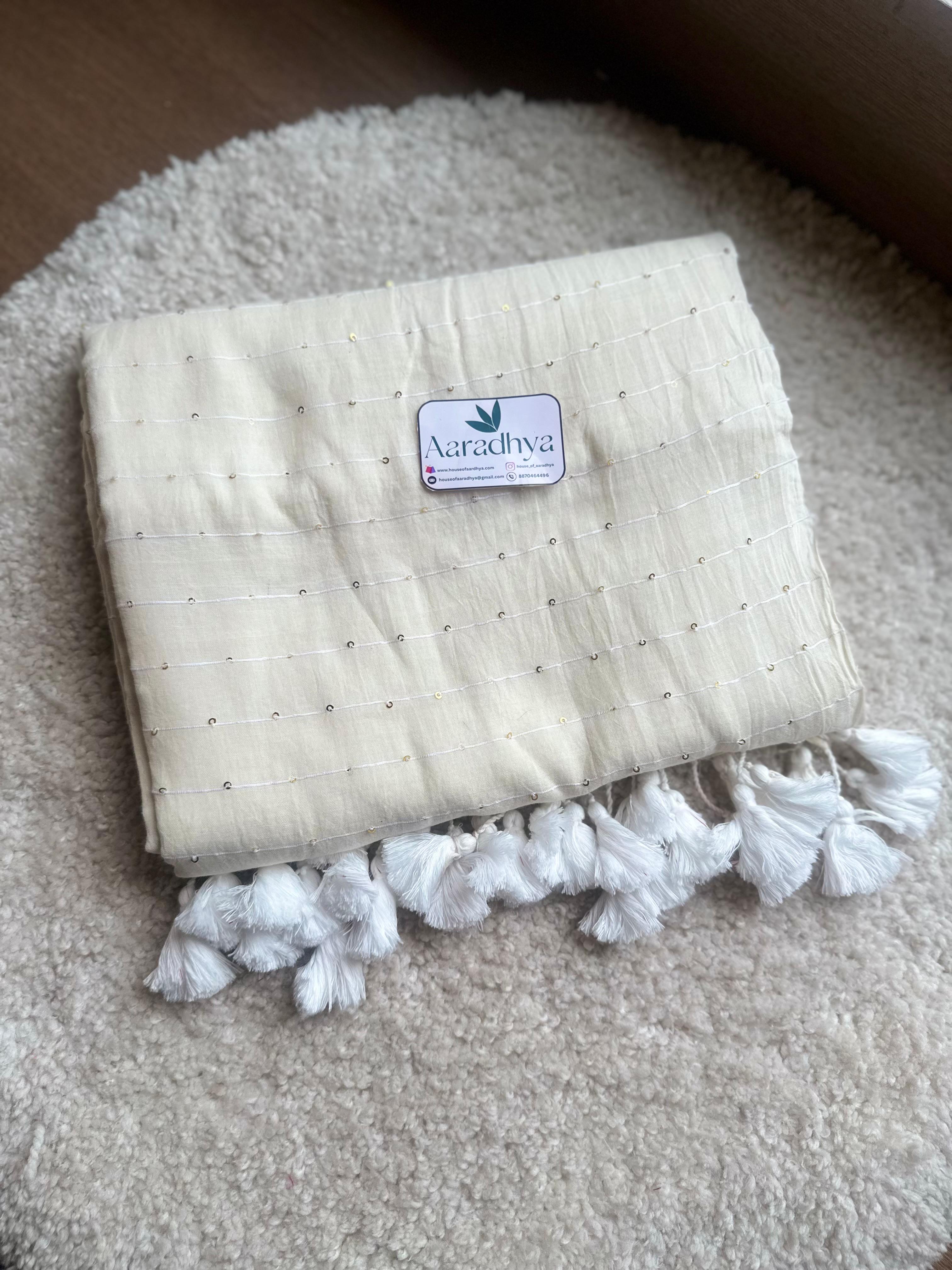 Small Sequins Work | White Mul Cotton Saree