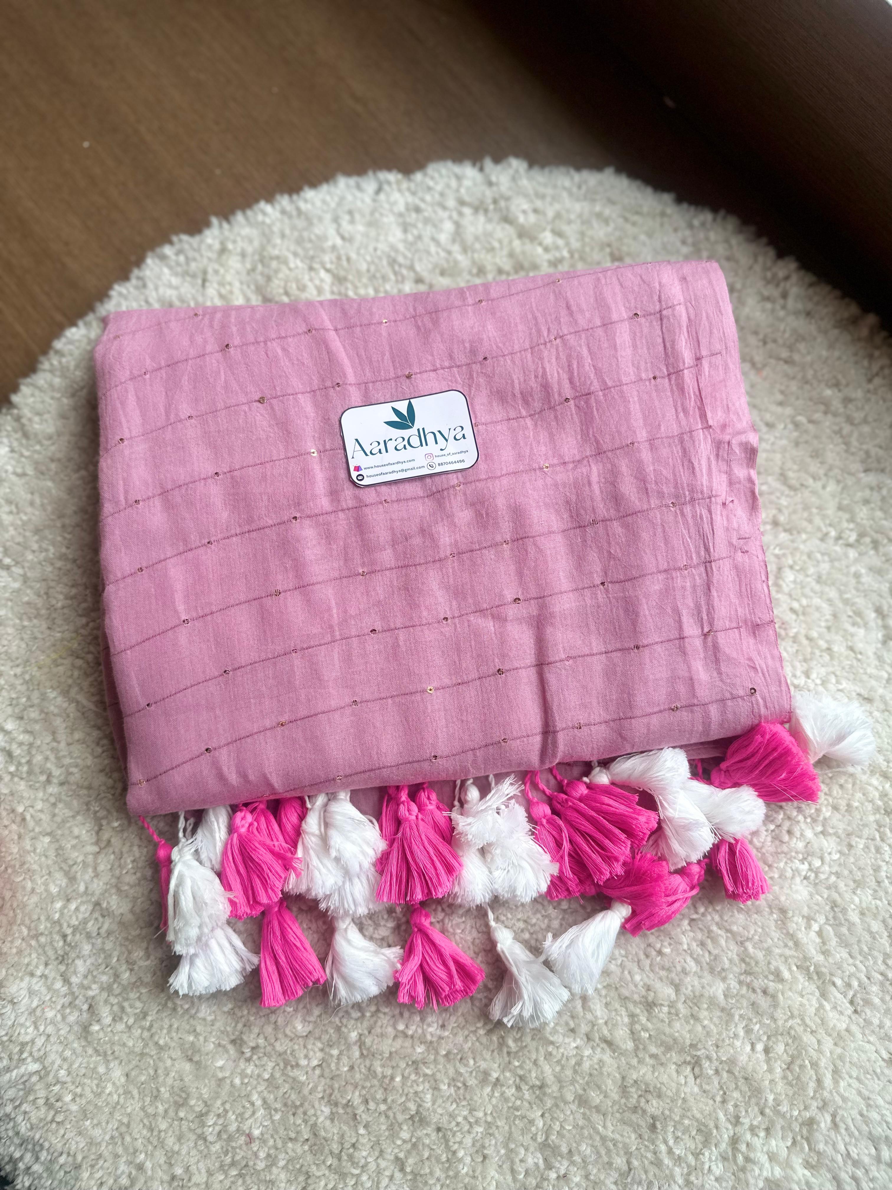 Small Sequins Work | Baby Pink Mul Cotton Saree