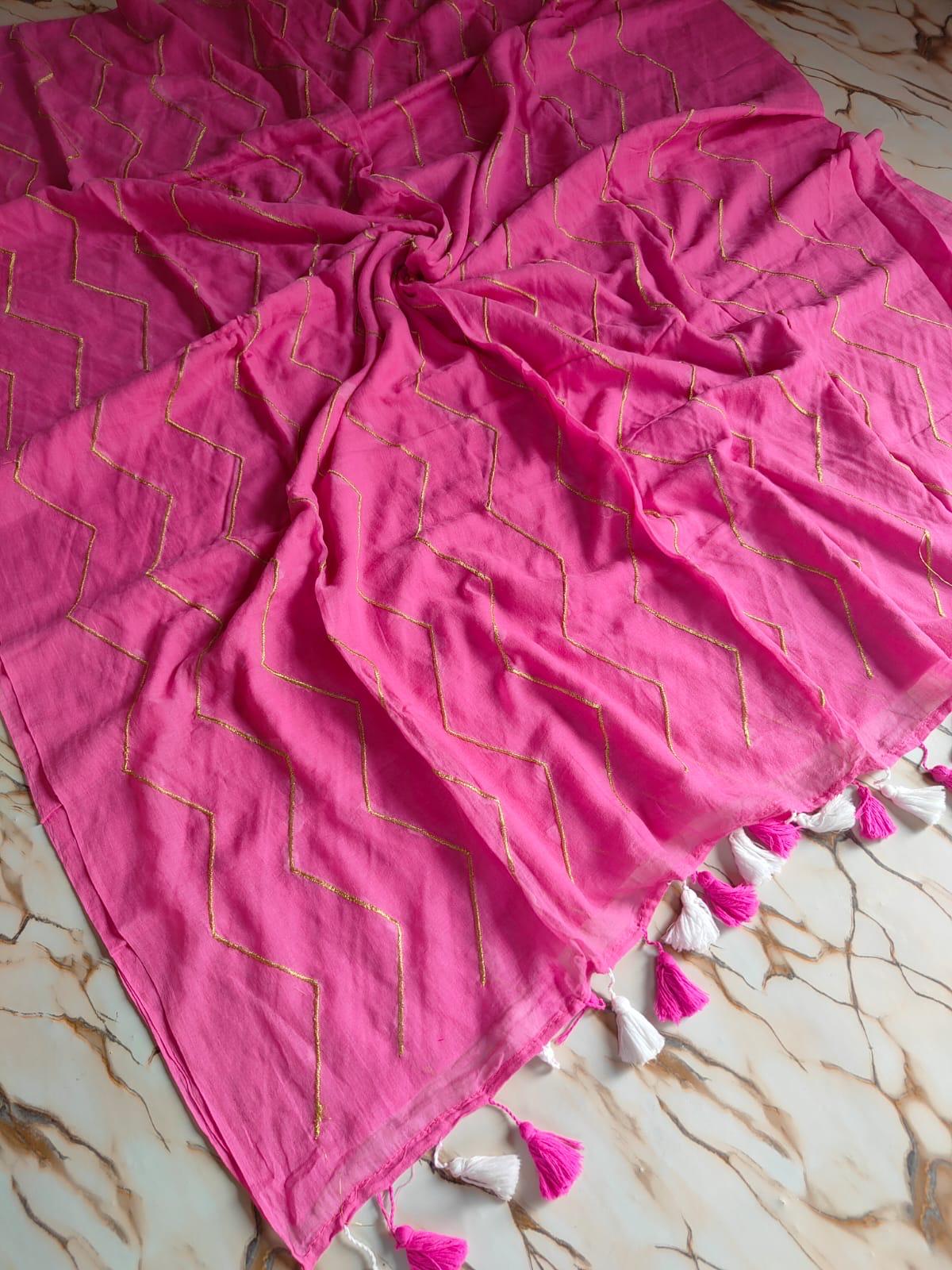 ZigZag Embroidery |Pink Mul Cotton Saree