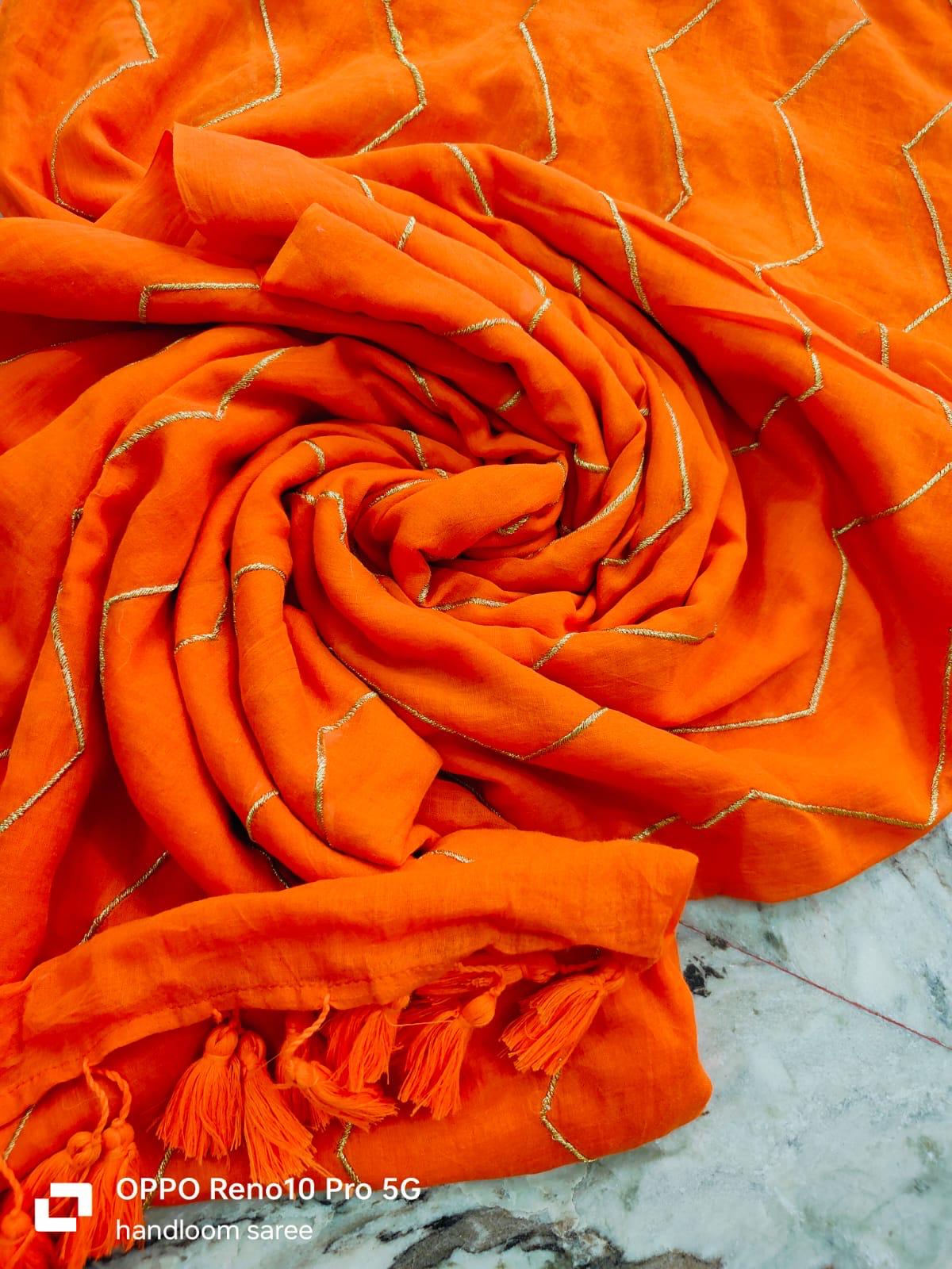 ZigZag Embroidery |Orange Mul Cotton Saree