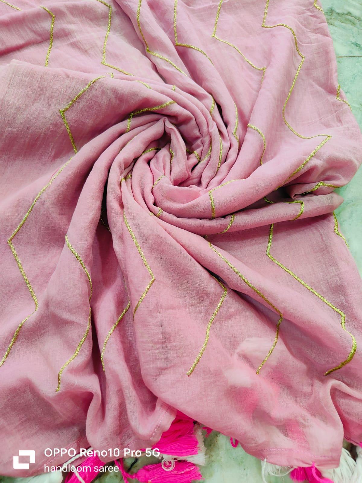 ZigZag Embroidery |Pastel Pink Mul Cotton Saree