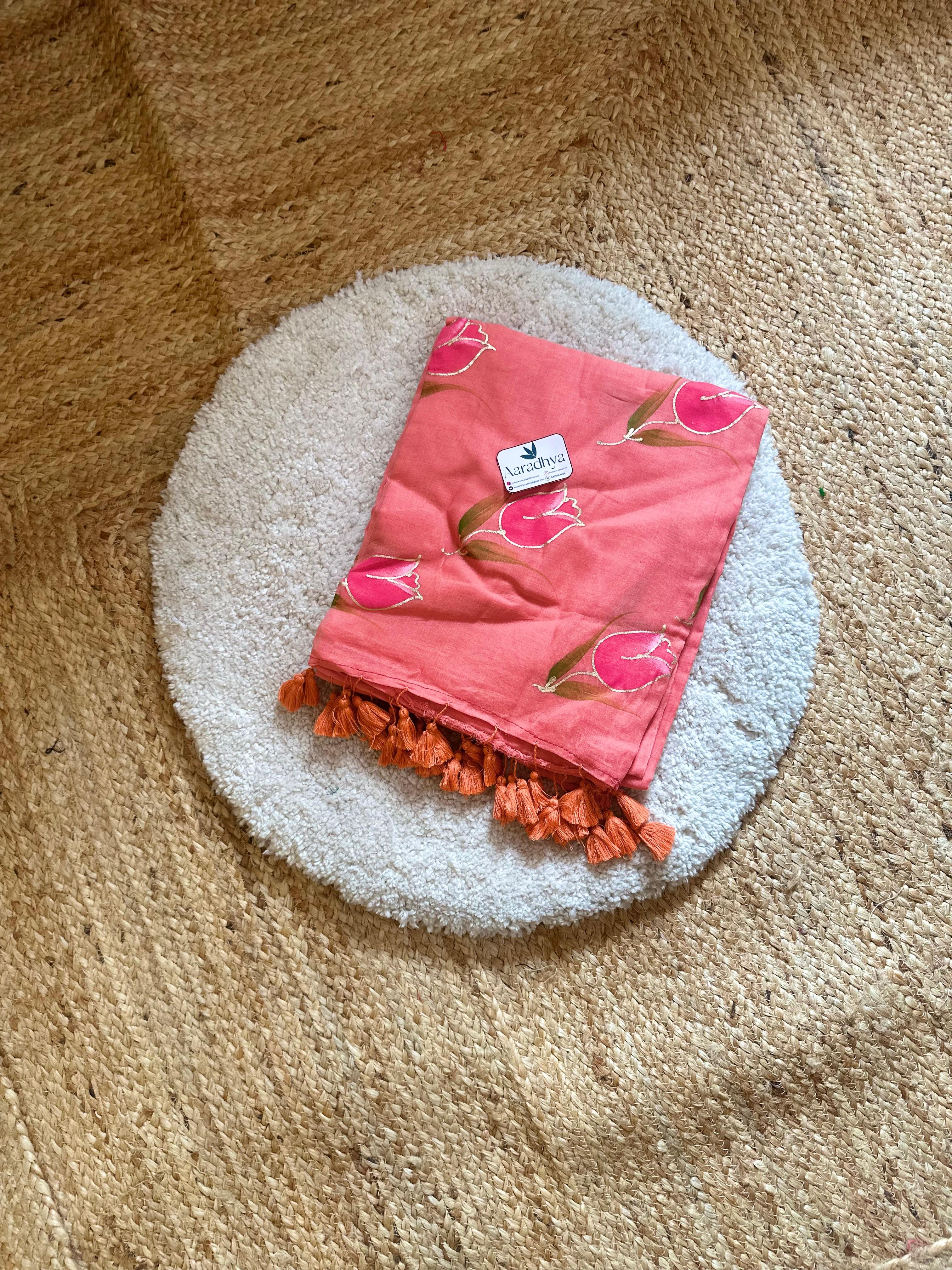 Rose Hand Painted | Peach Mul Cotton Saree