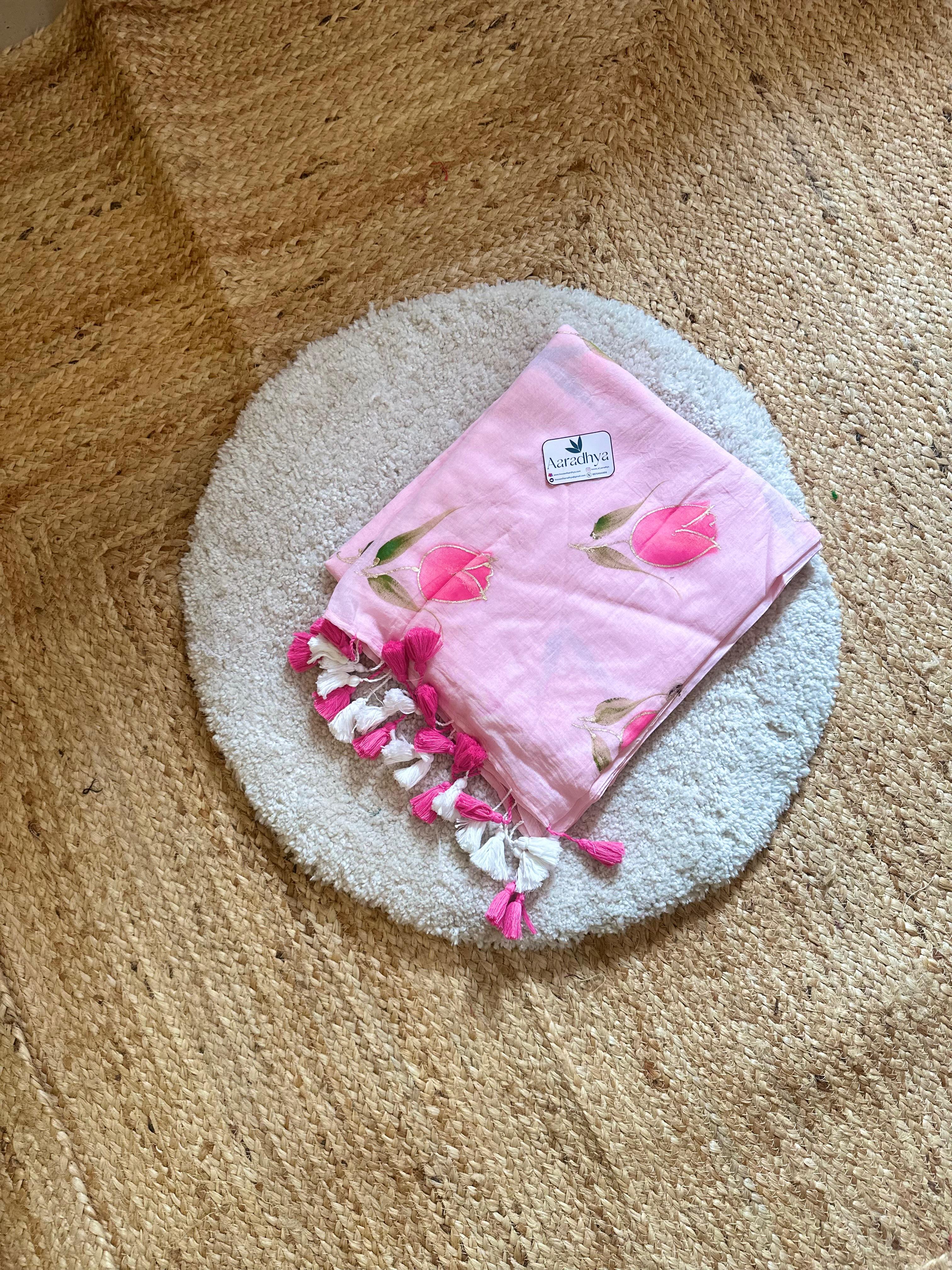 Rose Hand Painted | Baby Pink Mul Cotton Saree