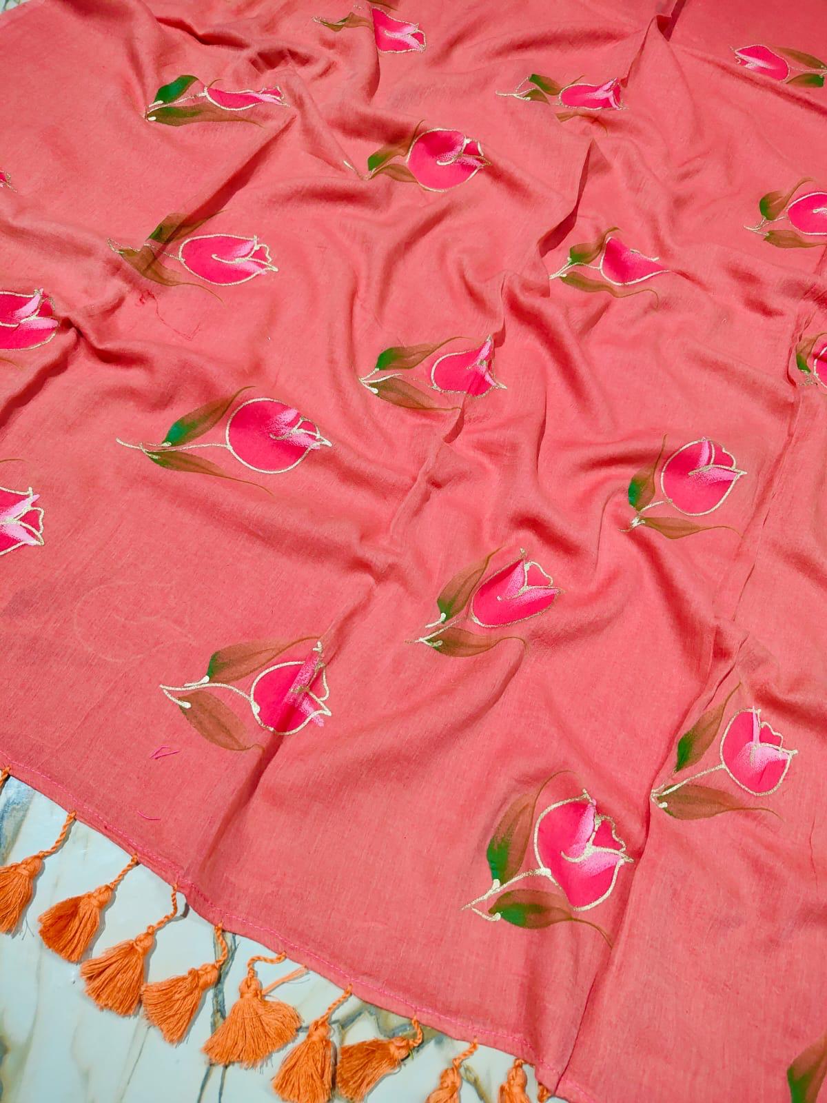 Rose Hand Painted | Peach Mul Cotton Saree