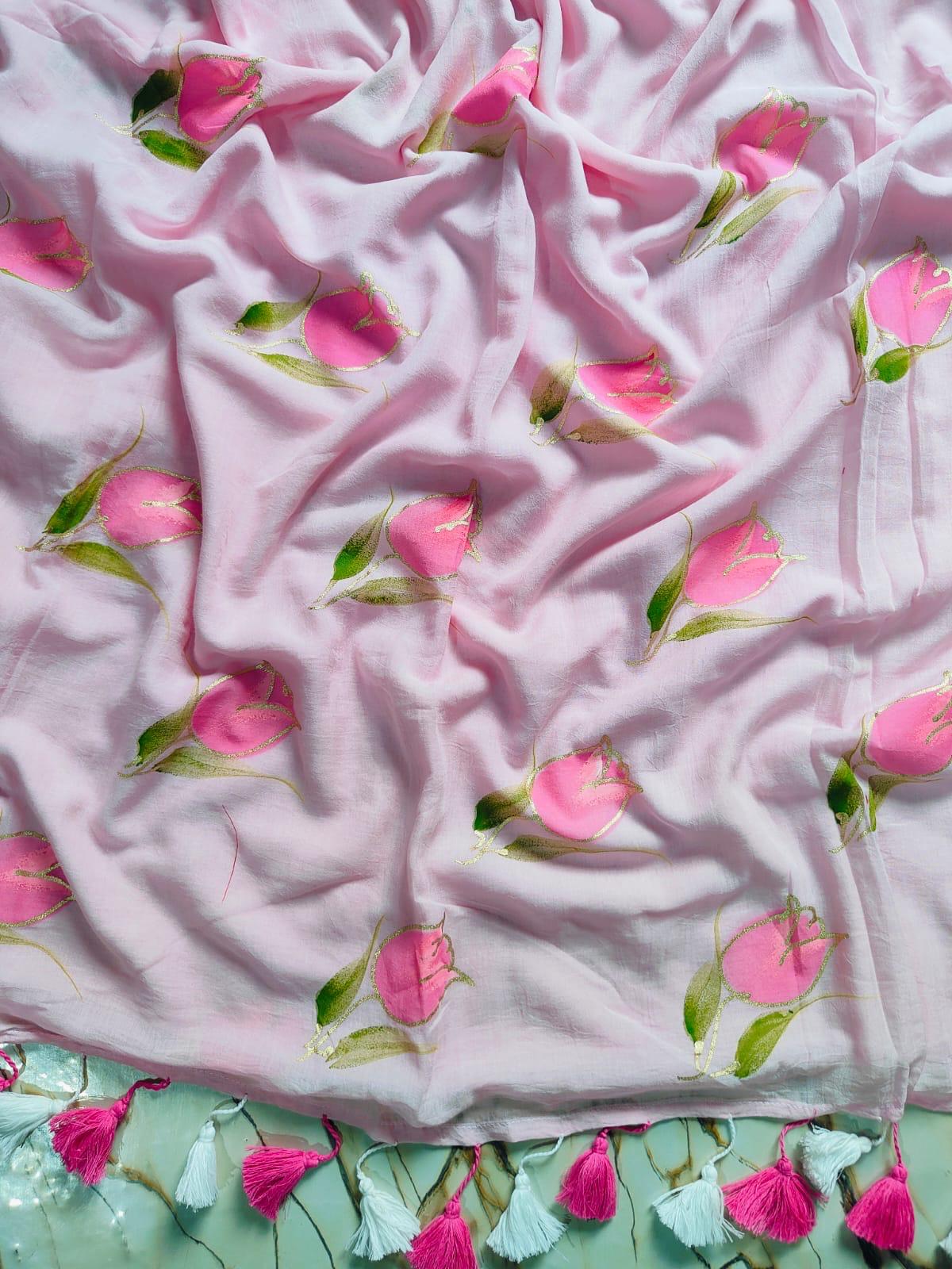 Rose Hand Painted | Baby Pink Mul Cotton Saree