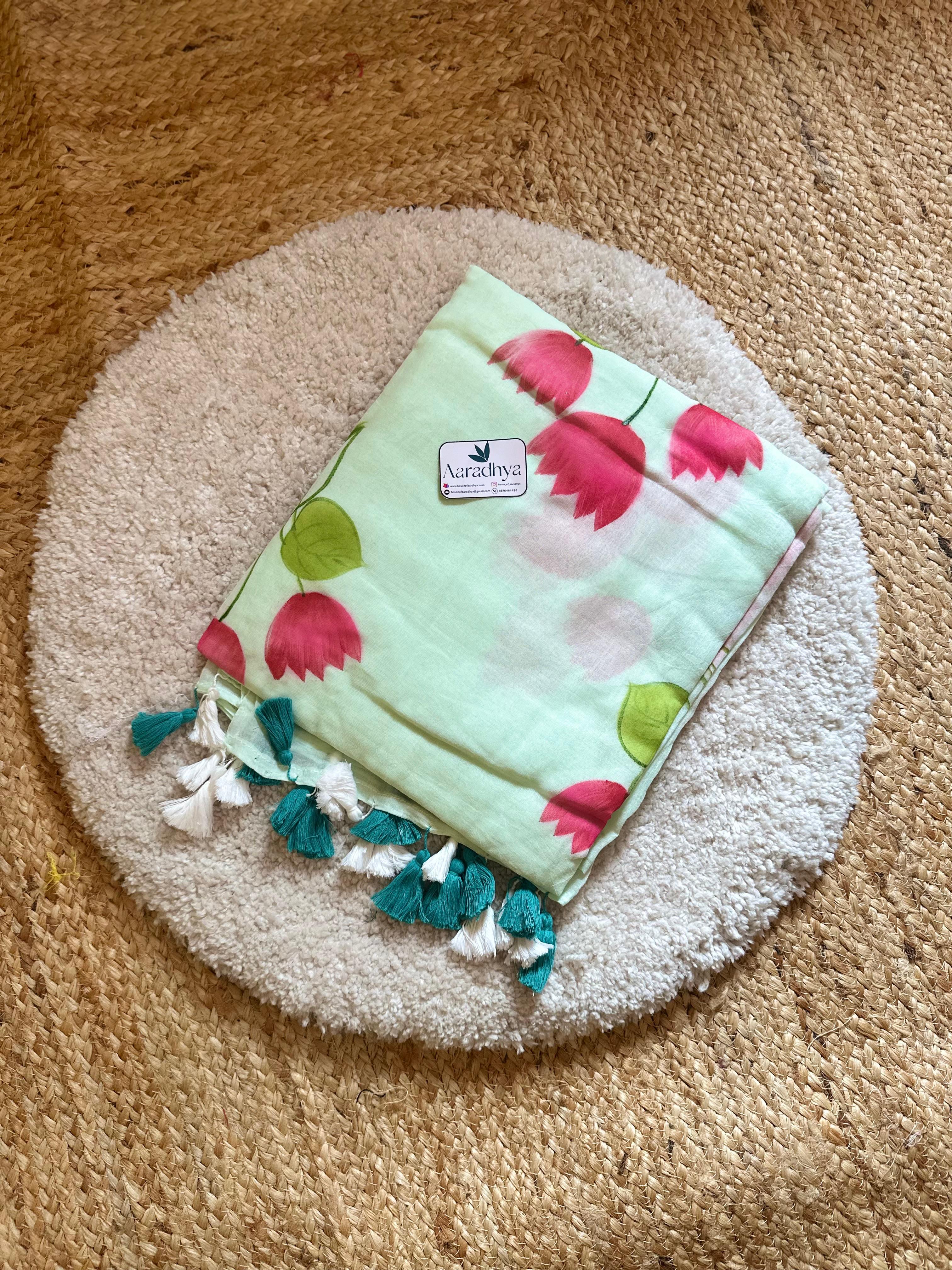 Lotus Hand Painted |Pastel Green Mul Cotton Saree