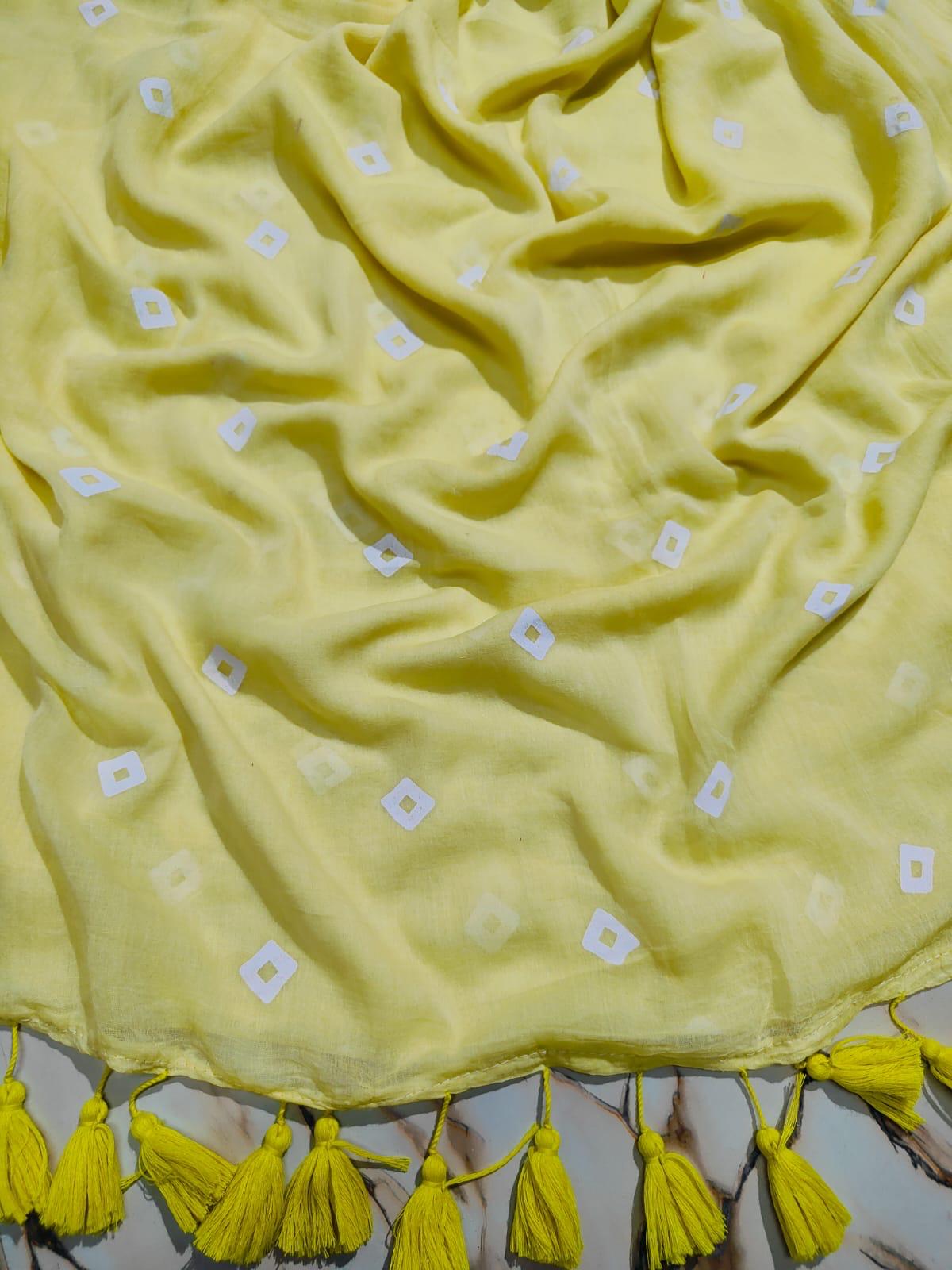 Bandhini Print |Pastel Yellow Mul Cotton Saree