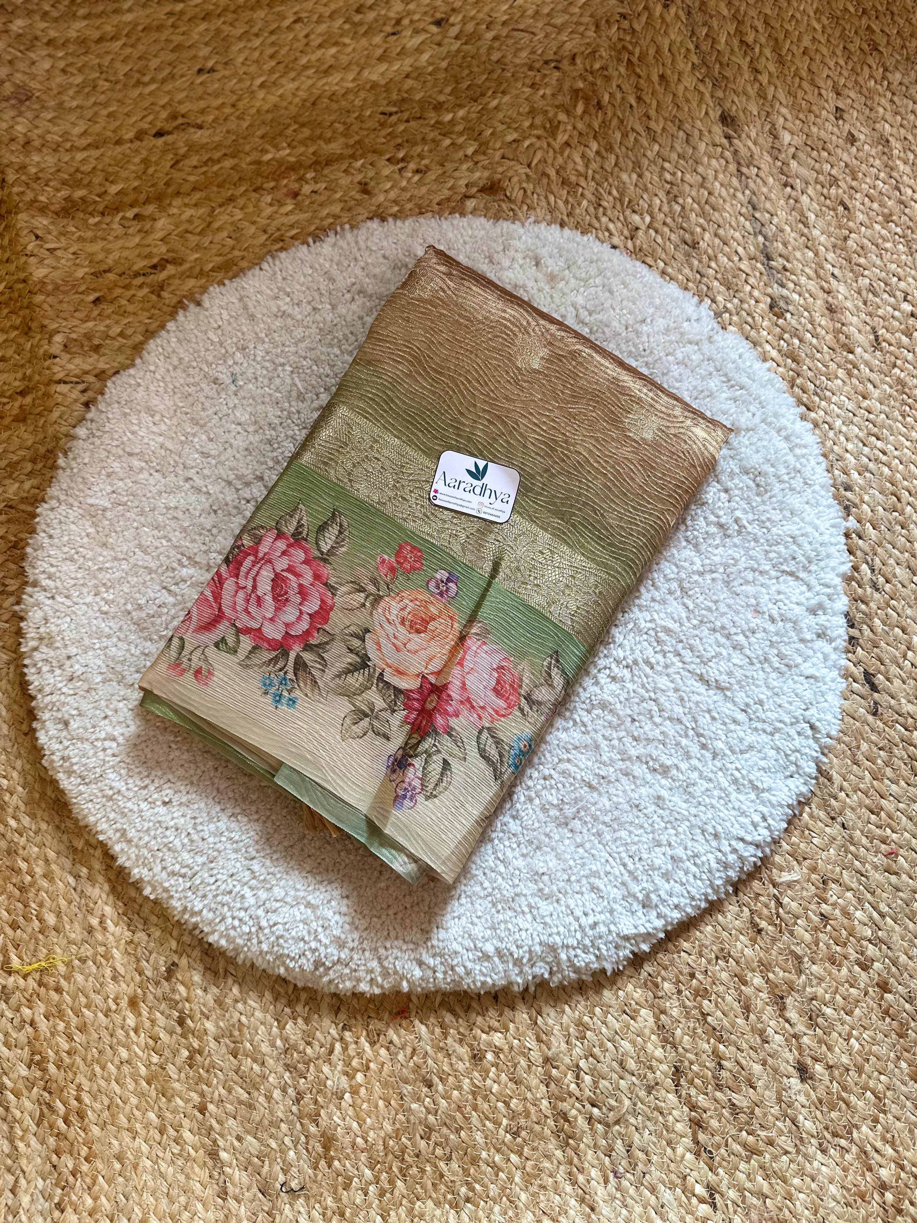 Golden Floral Green Border Tissue Saree