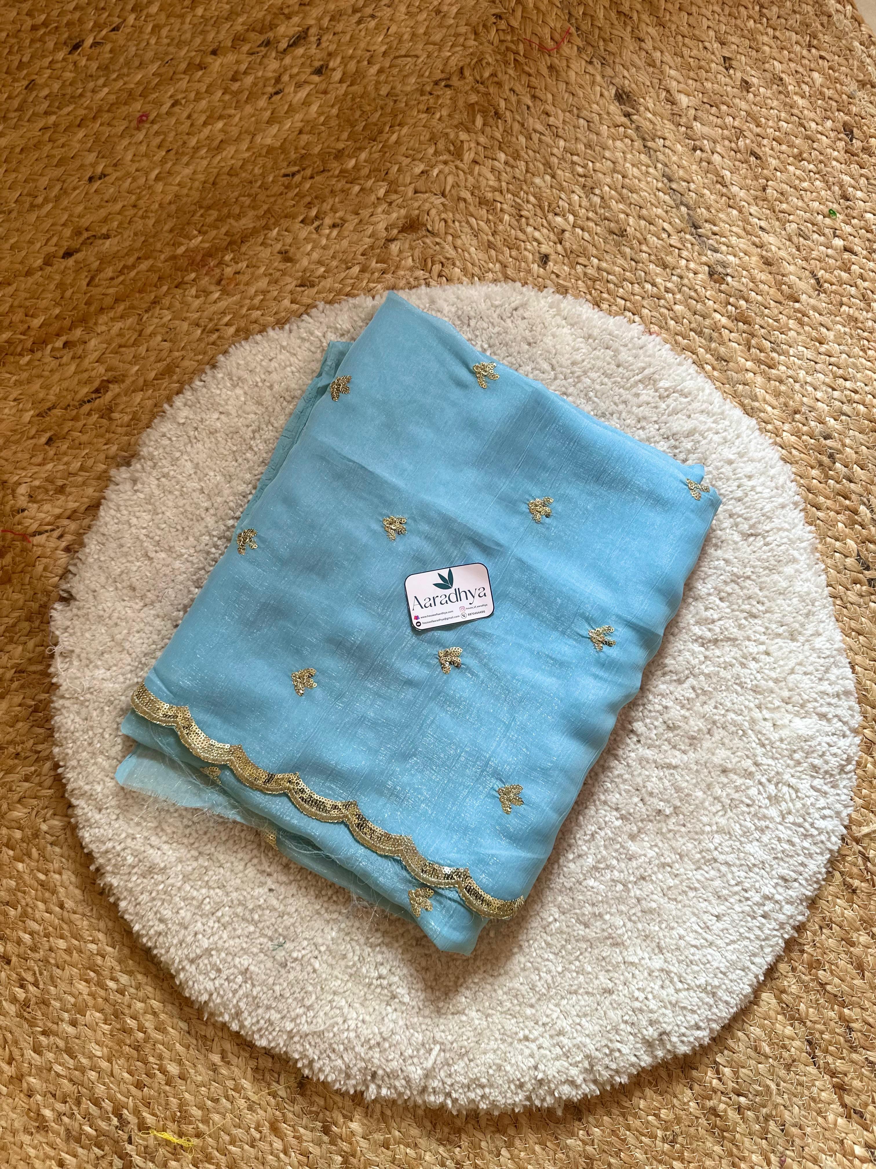 Crushed chiffon Sequence | Pastel Blue Saree