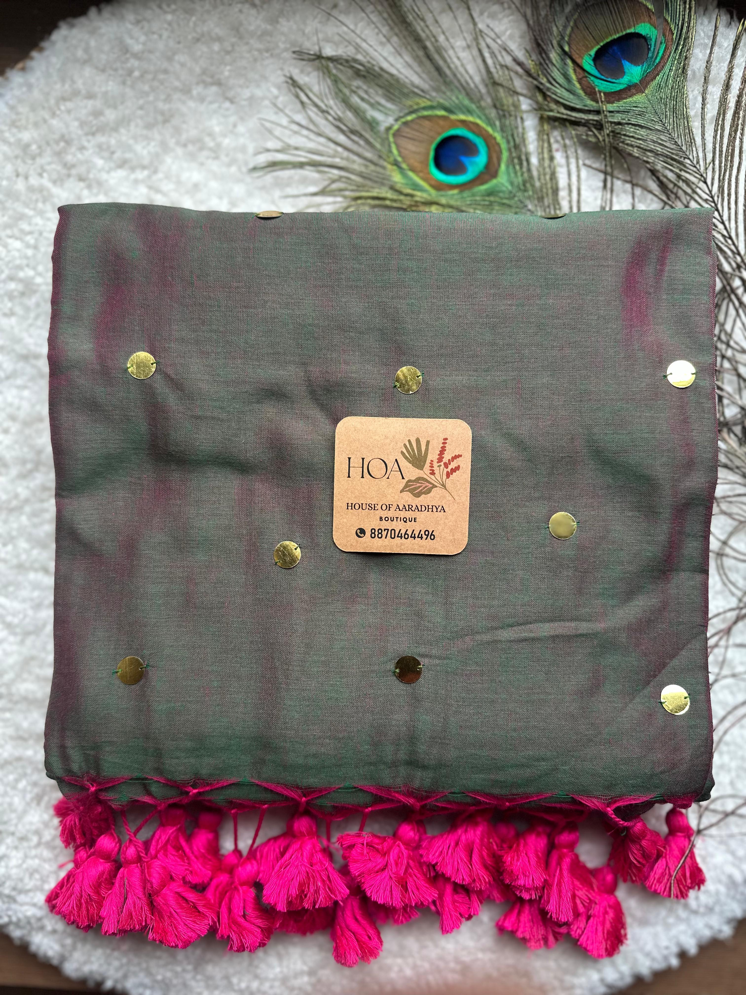 GINI Work | Dual Tone Dung Green Soft Cotton Saree