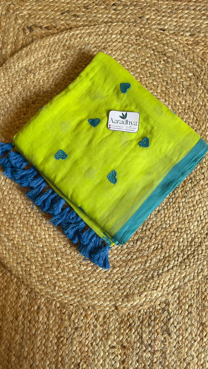 Heart Embroidery | Green Mul Cotton Saree