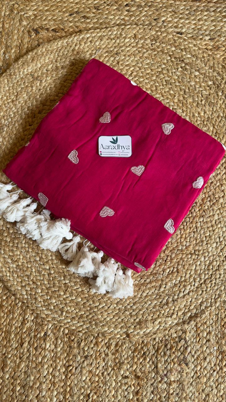 Heart Embroidery | Pink Mul Cotton Saree