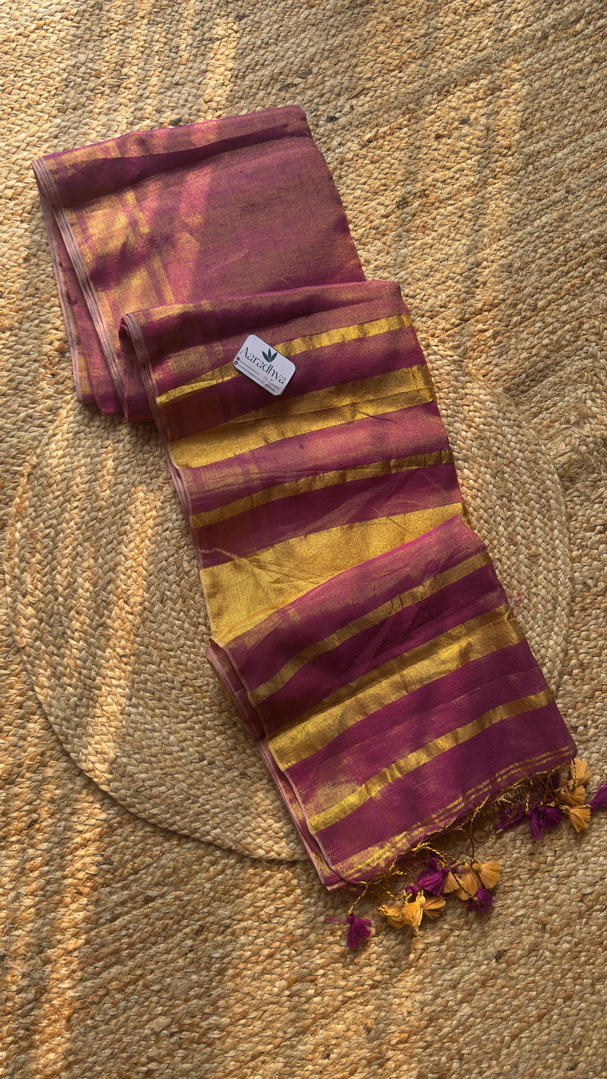 Linen Tissue | Purple Kerala Style Gold Pallu Saree