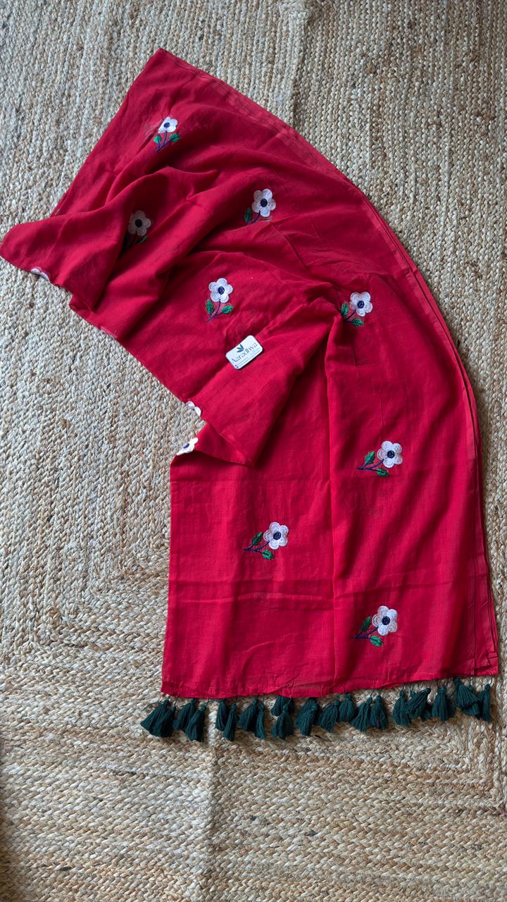 Daisy Embroidery | Red Mul Cotton Saree