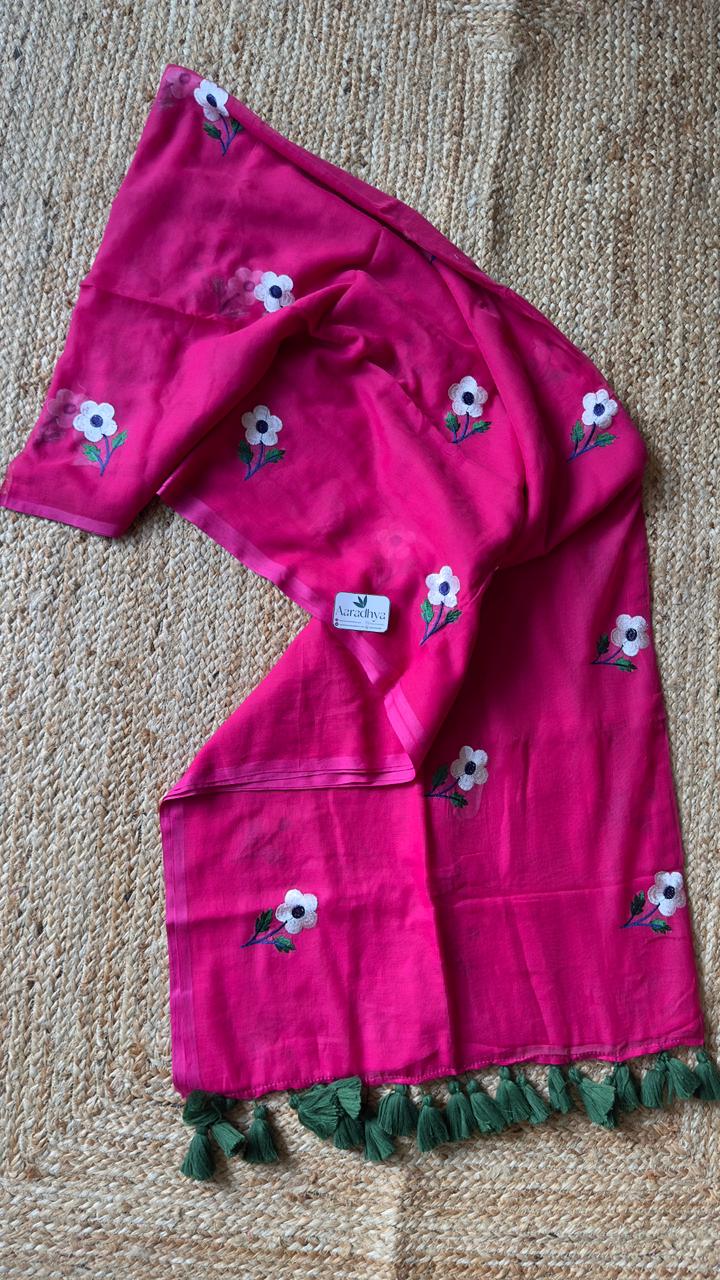 Daisy Embroidery | Pink Mul Cotton Saree