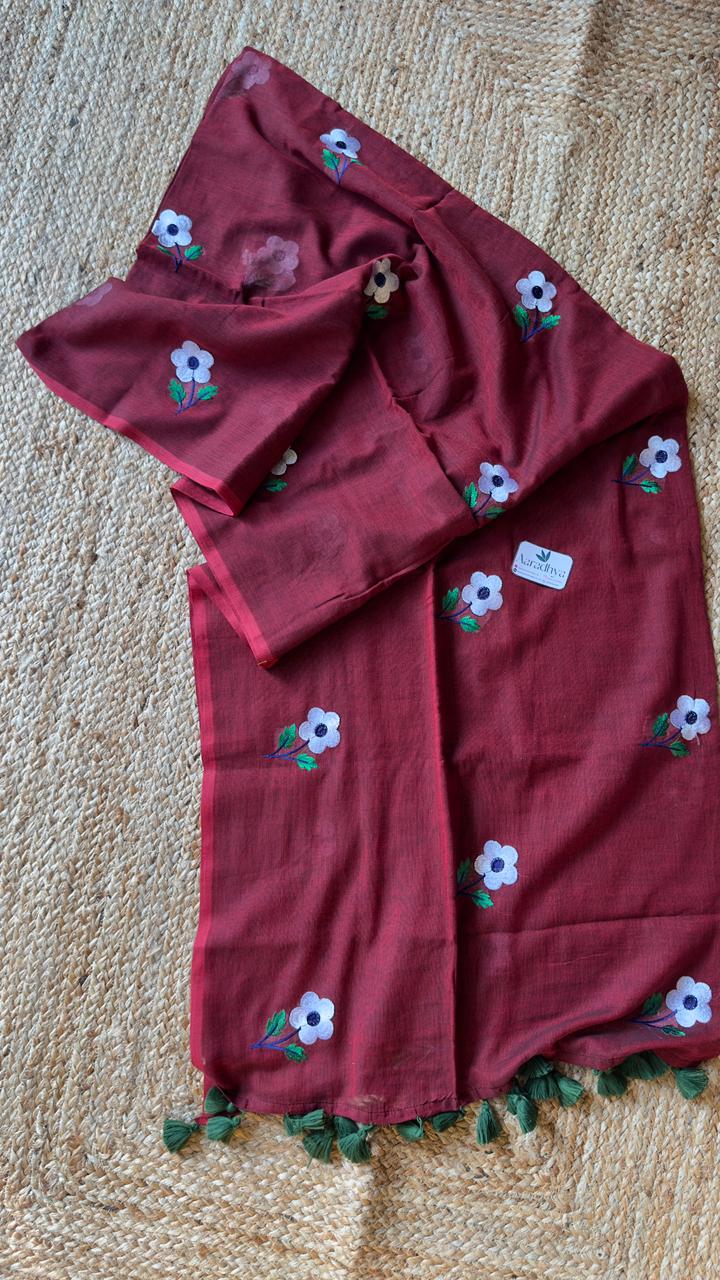 Daisy Embroidery | Maroon Mul Cotton Saree
