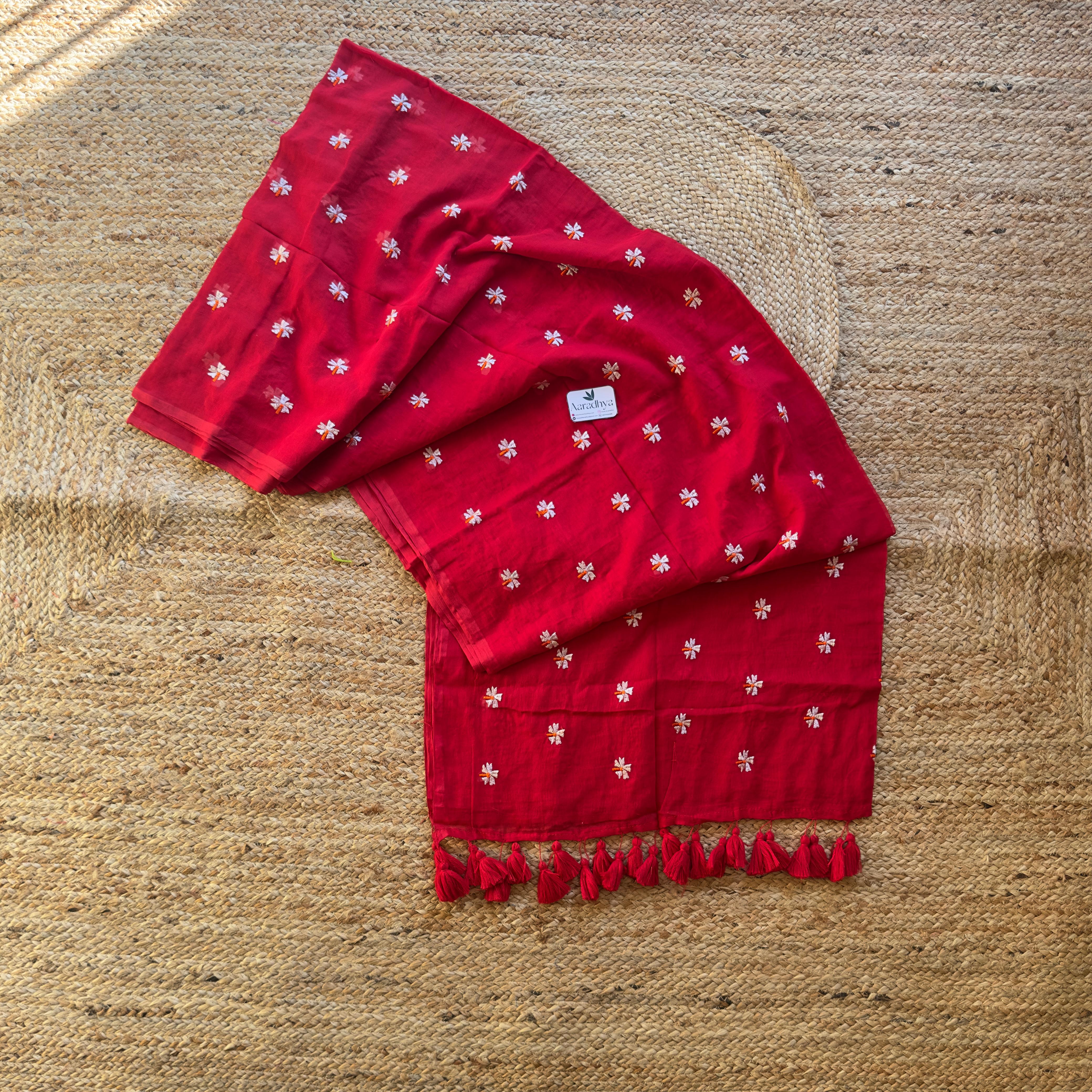 Prajakta Embroidery | Red Mul Cotton Saree