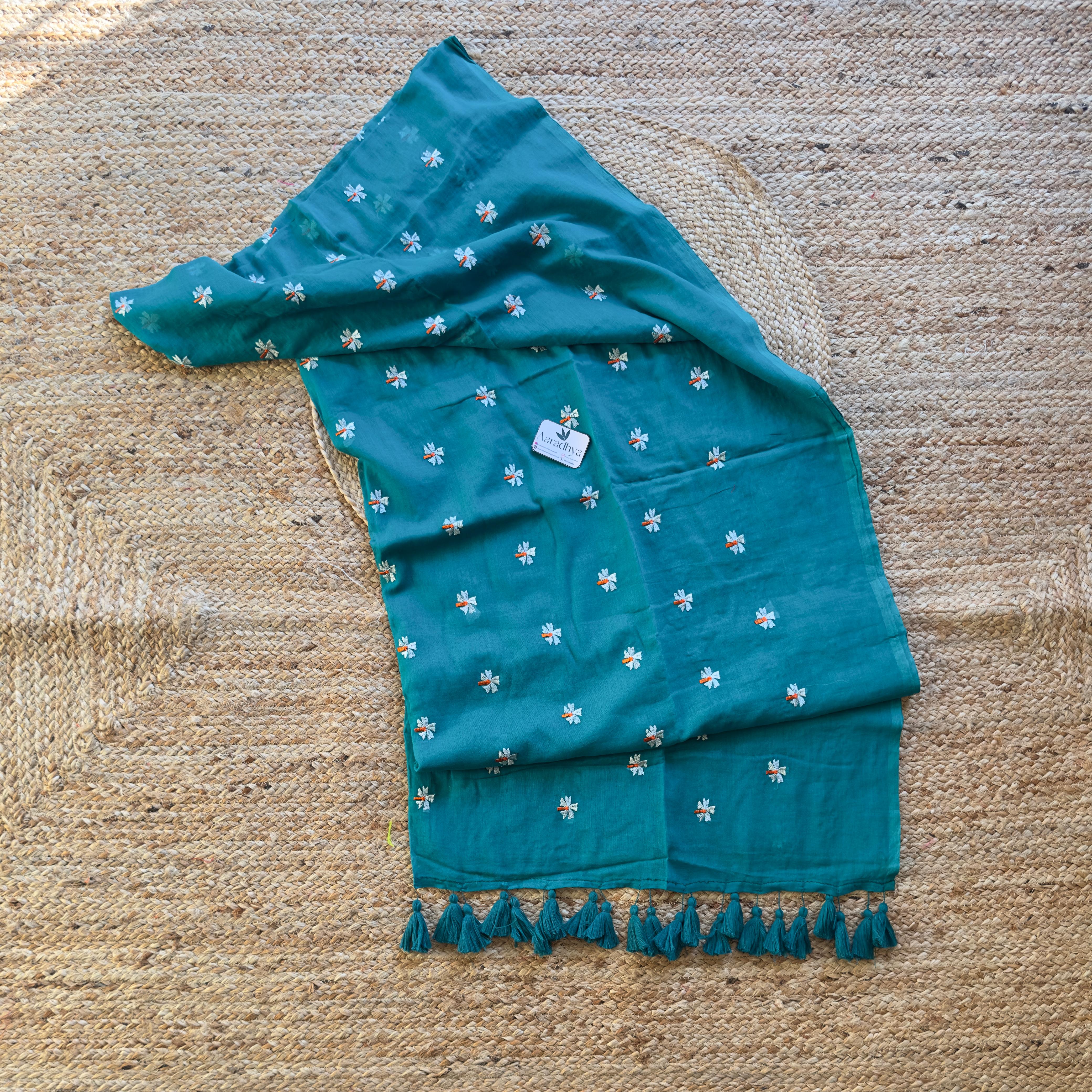 Prajakta Embroidery | Rama Green Mul Cotton Saree