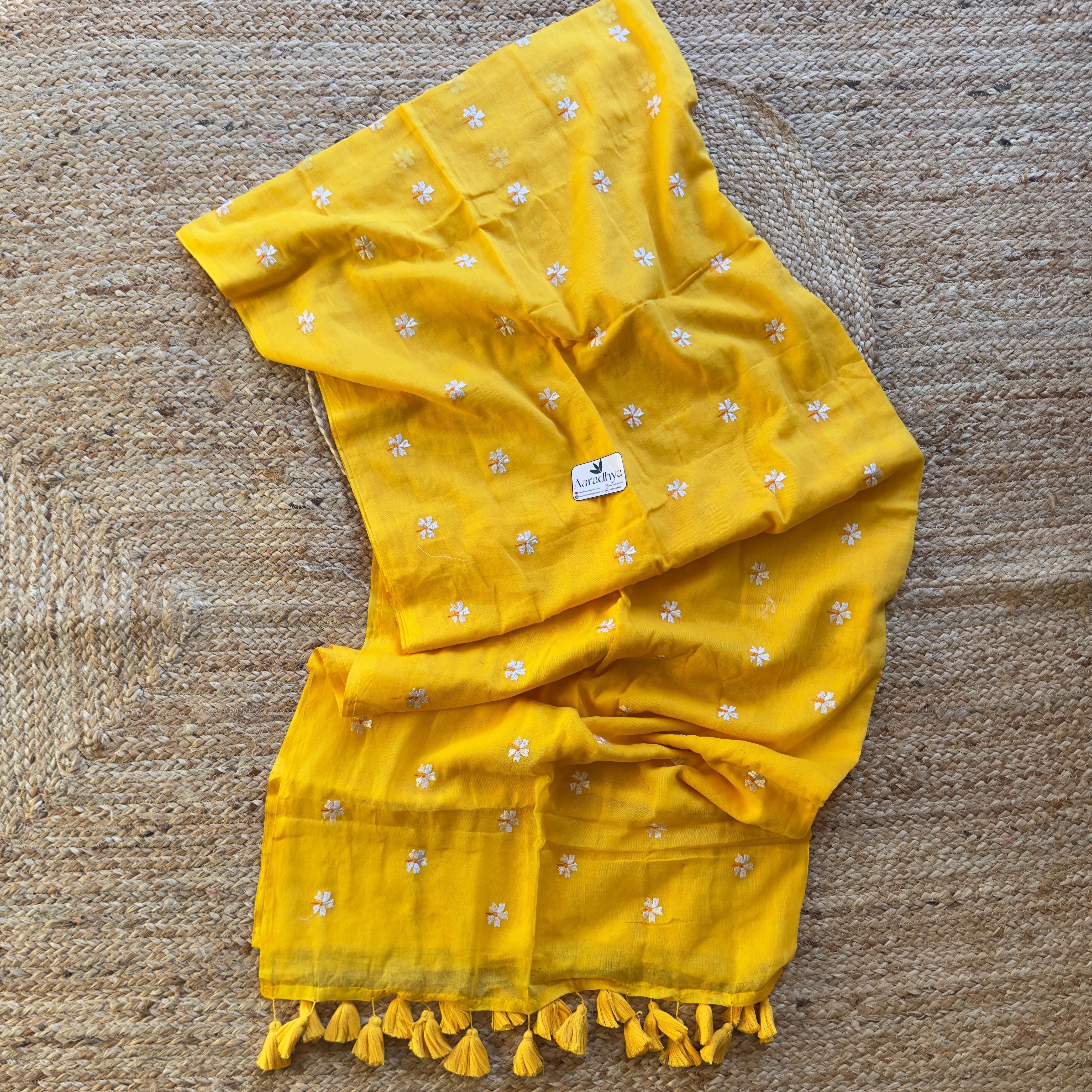 Prajakta Embroidery | Yellow Mul Cotton Saree