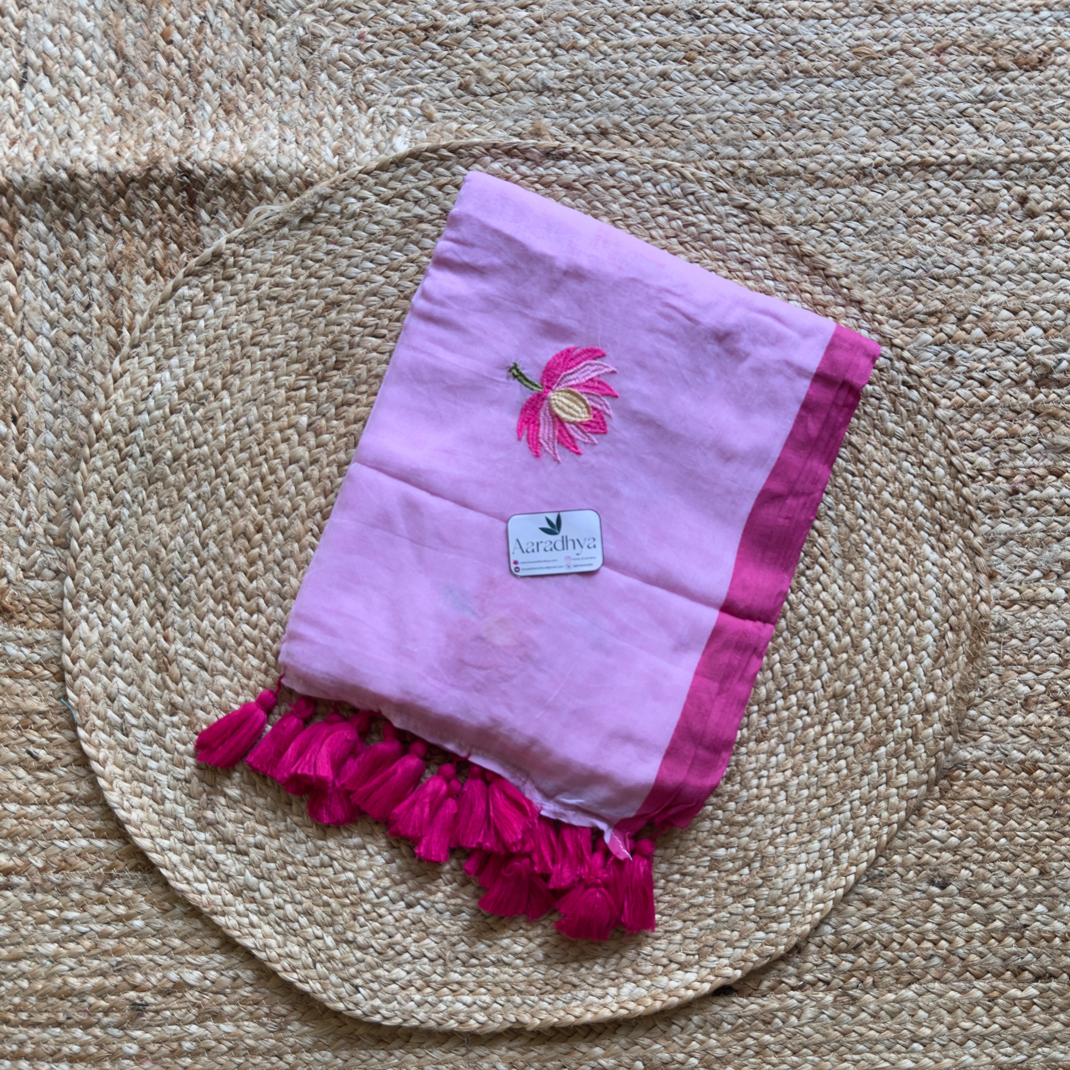 Lotus Embroidery | Baby Pink Mul Cotton Saree