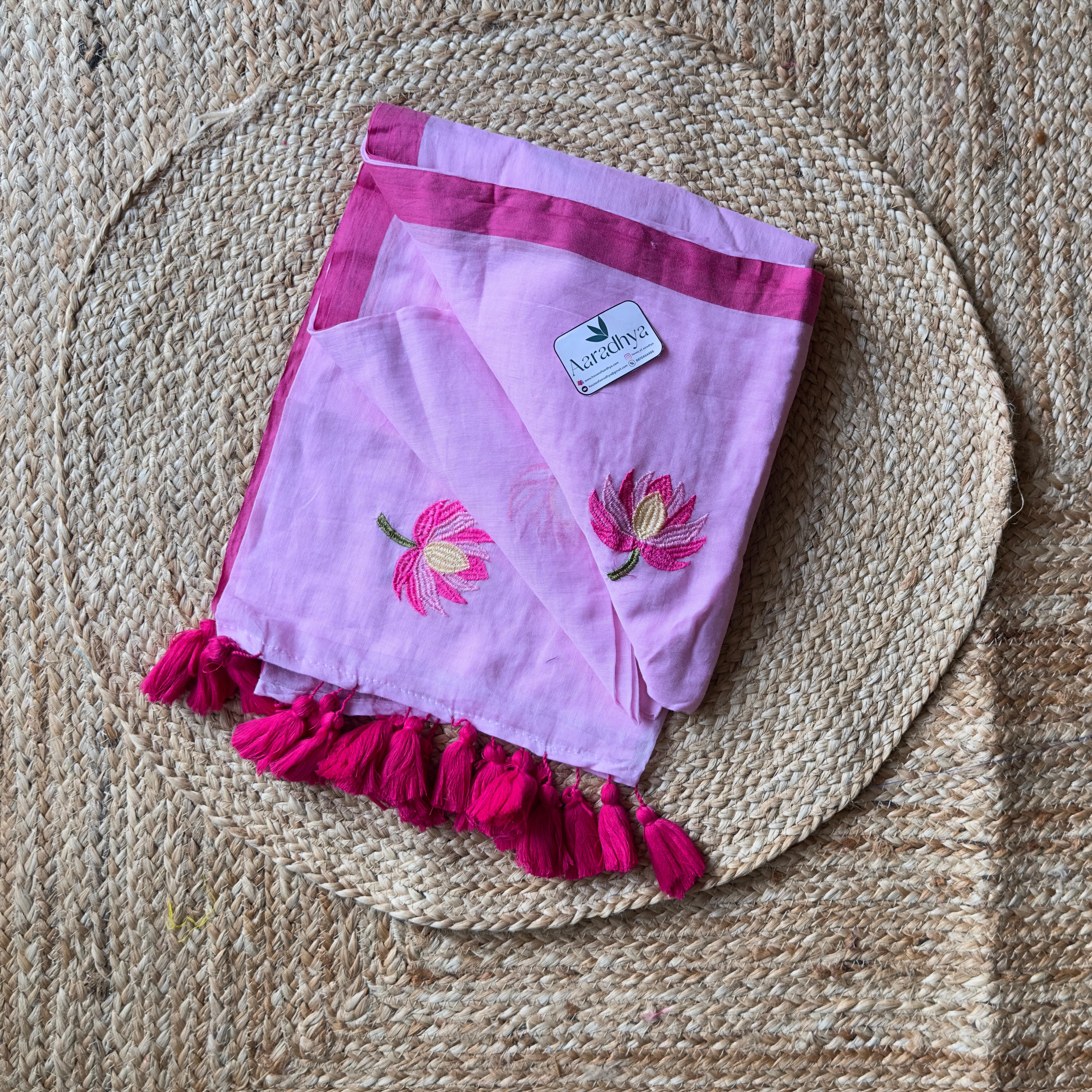 Lotus Embroidery | Baby Pink Mul Cotton Saree