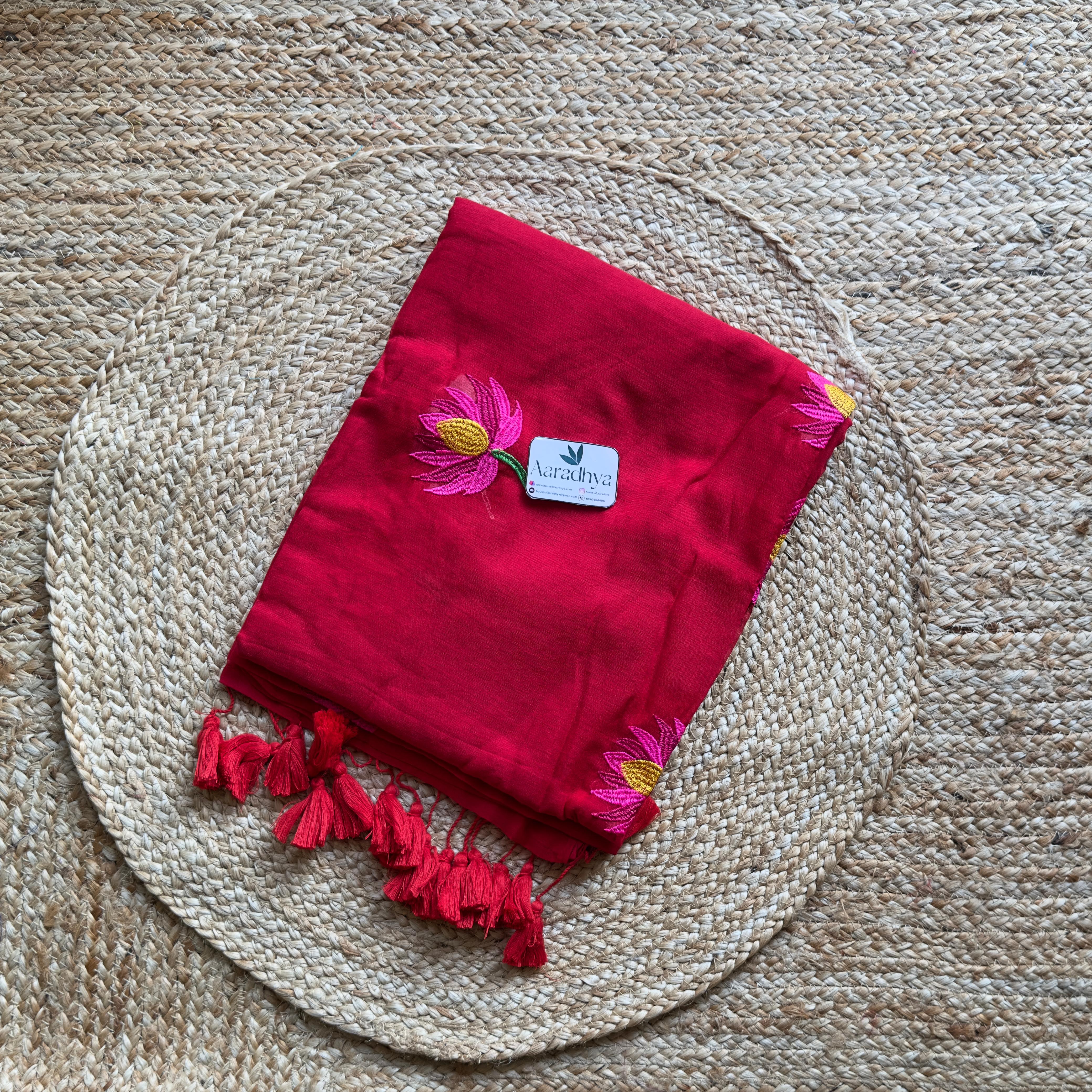 Lotus Embroidery |Red Mul Cotton Saree