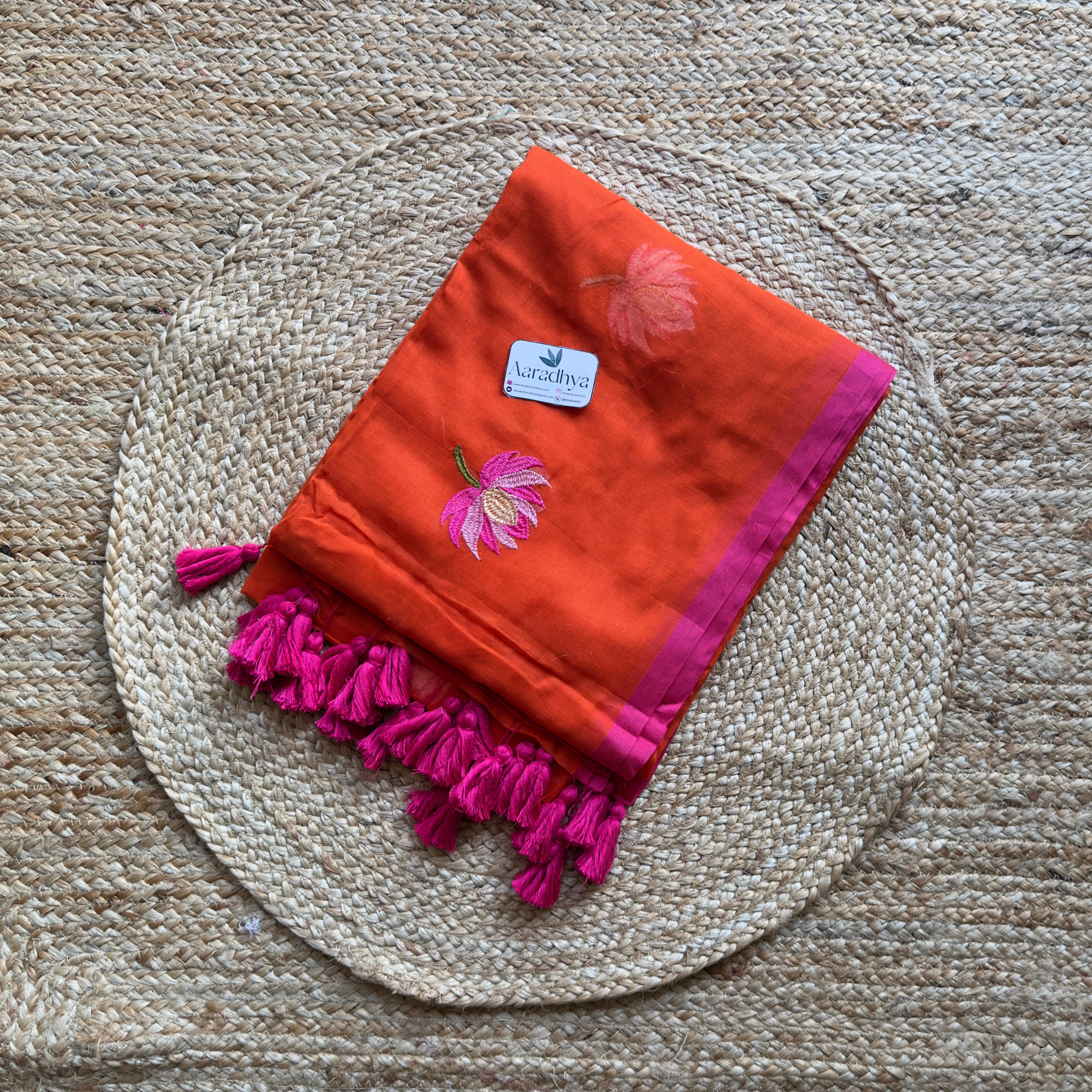 Lotus Embroidery |Orange Mul Cotton Saree