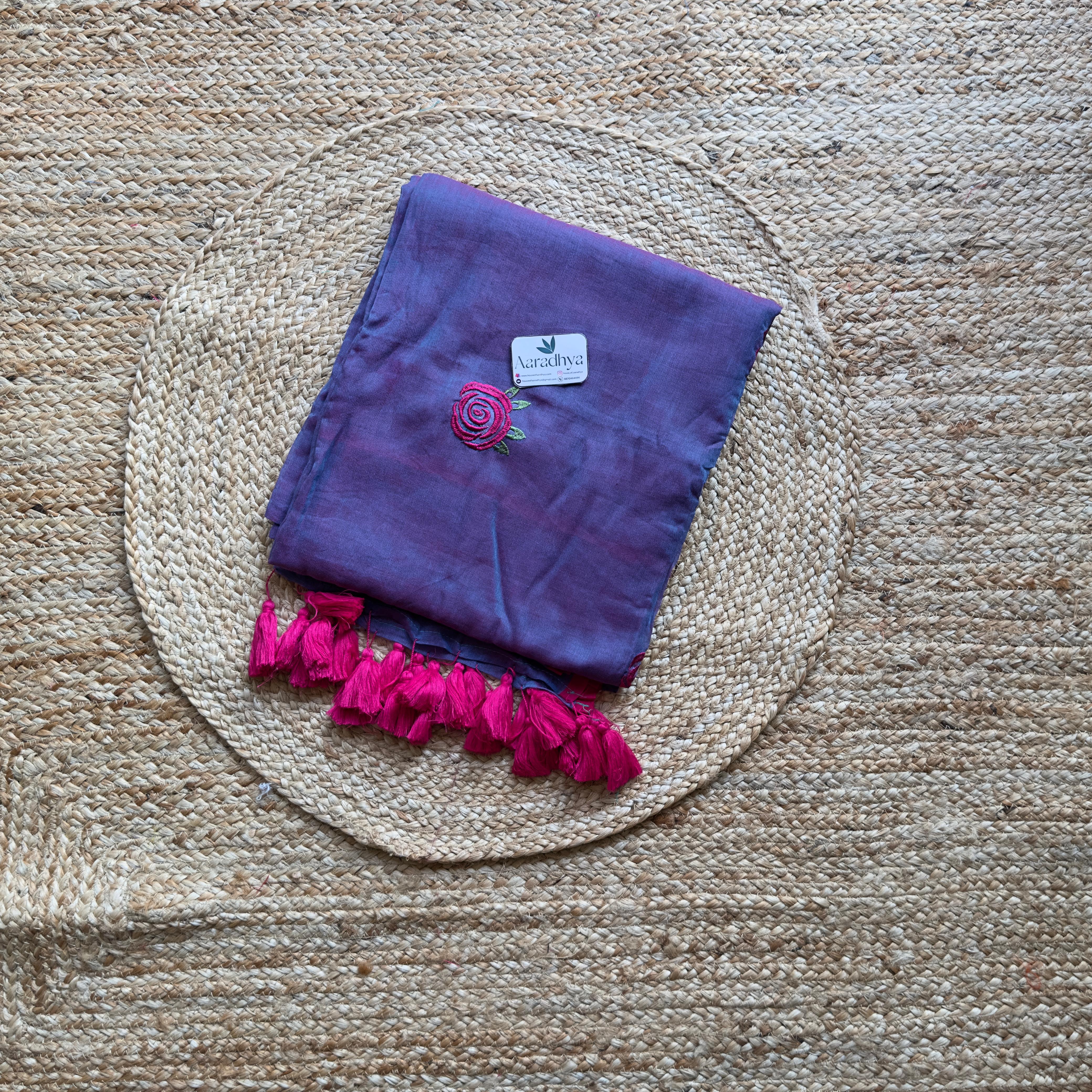 Rose Embroidery | Purple Mul Cotton Saree