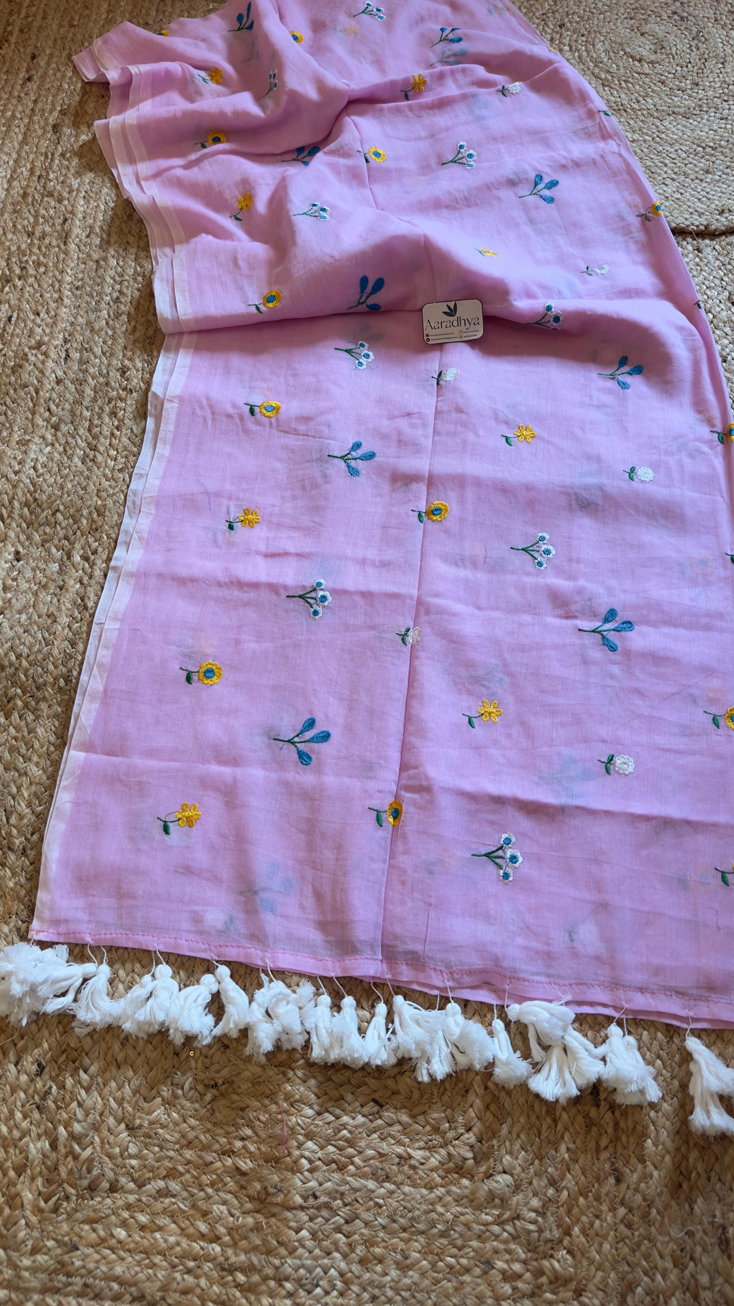 Chuimui Embroidery | Baby Pink Mul Cotton Saree