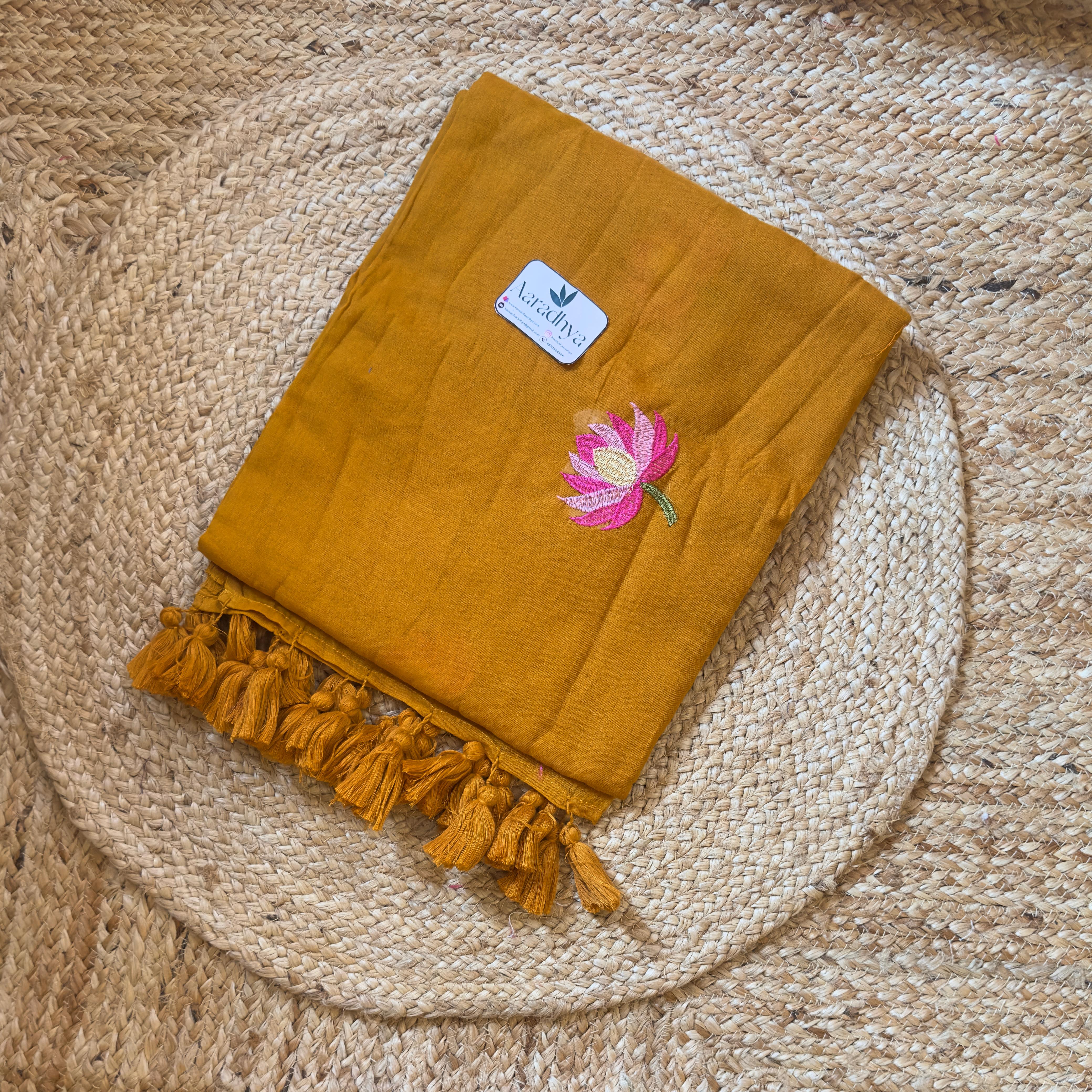 Lotus Embroidery |Mustard yellow Mul Cotton Saree