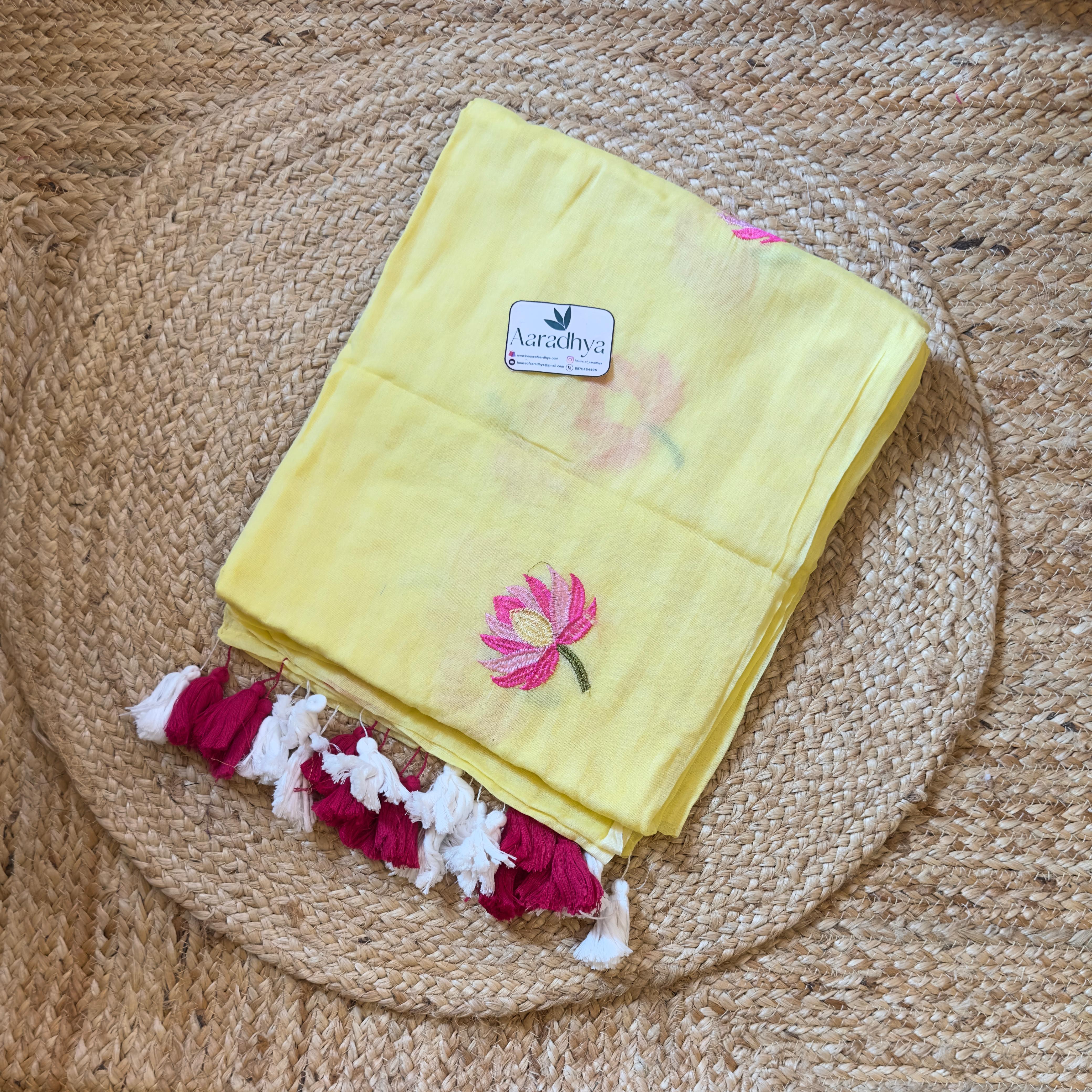 Lotus Embroidery | Lemon Yellow Mul Cotton Saree