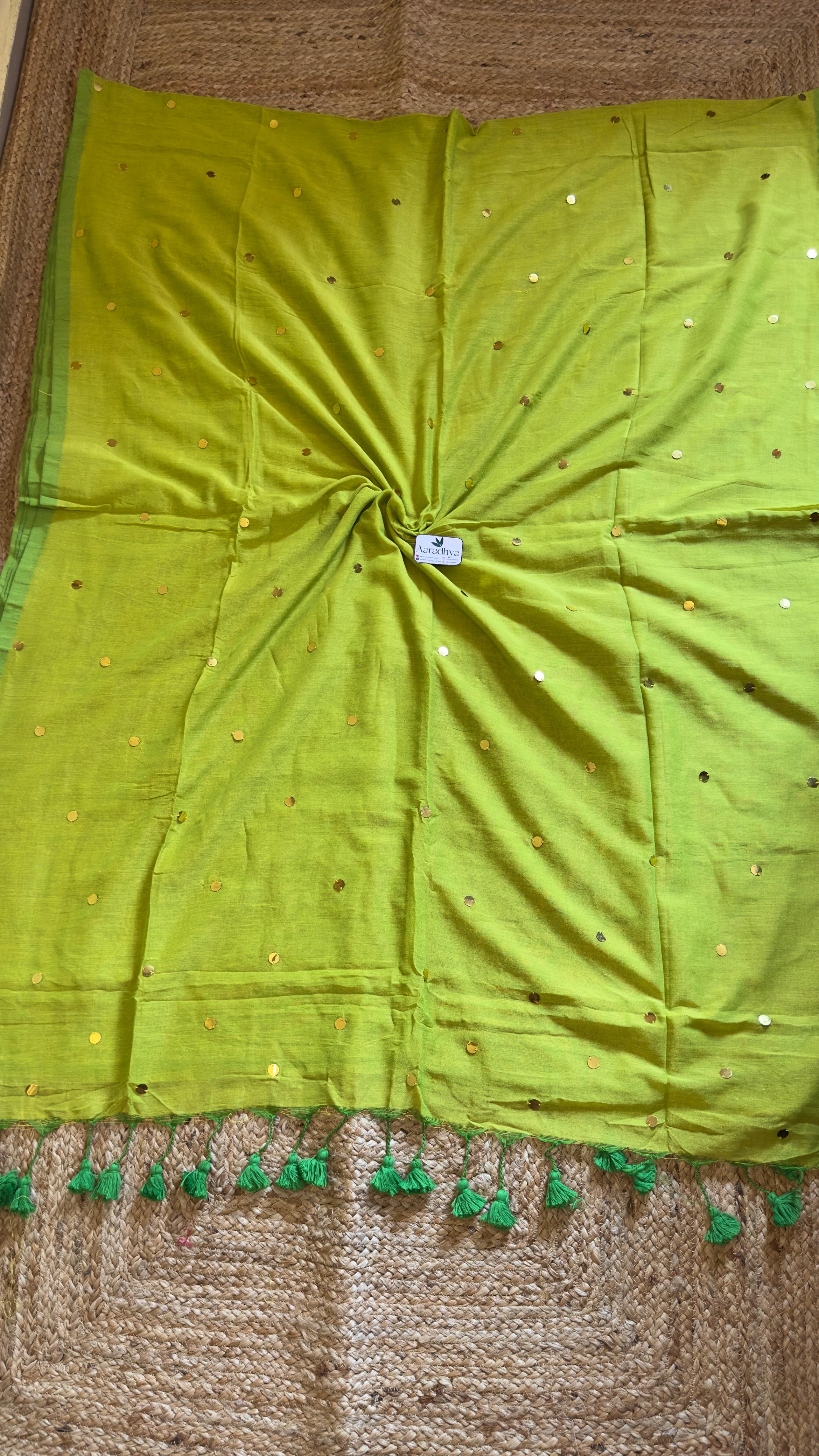 GINI Work | Parrot Green Soft Cotton Saree