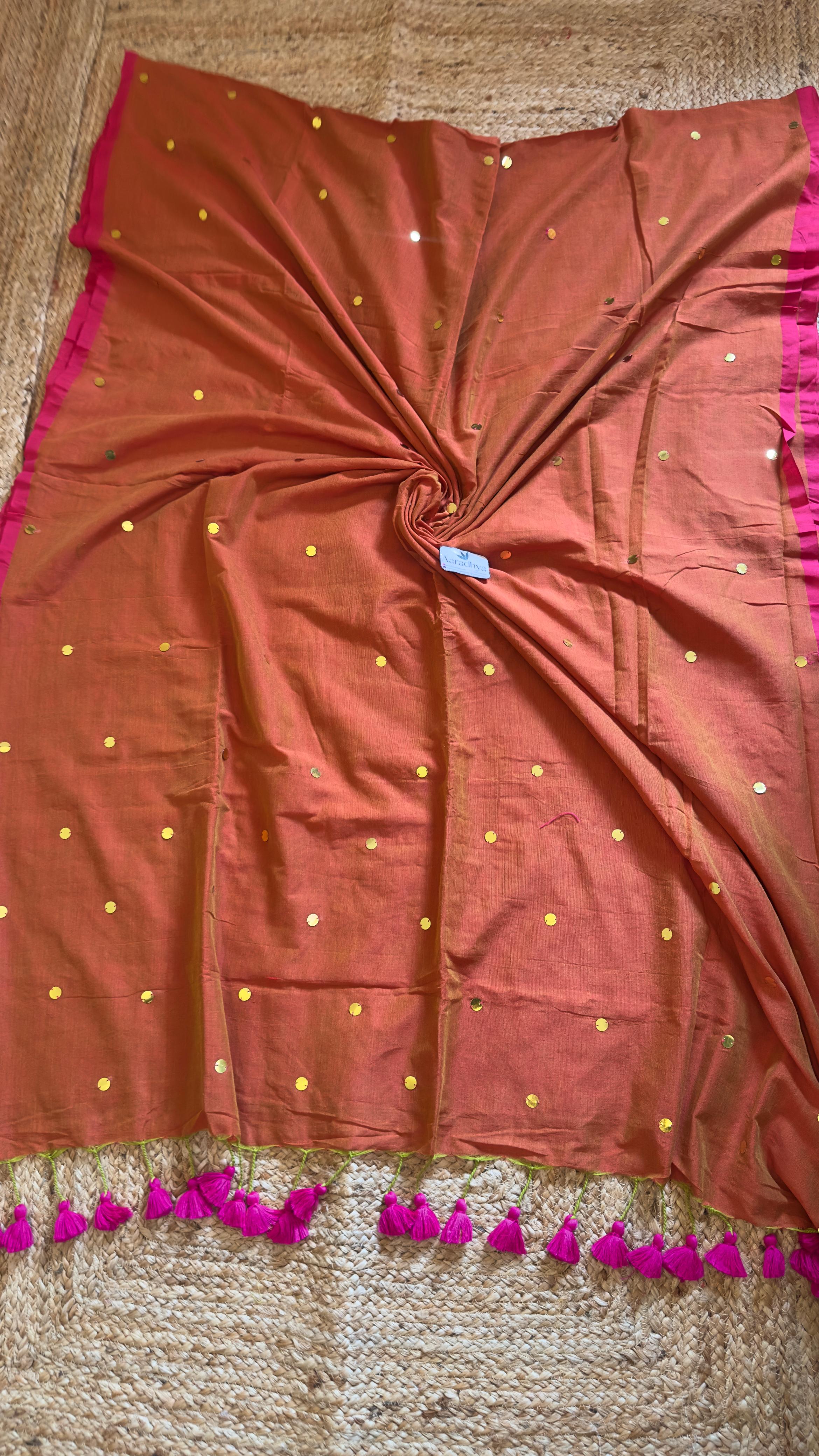 GINI Work | Rust Orange Soft Cotton Saree