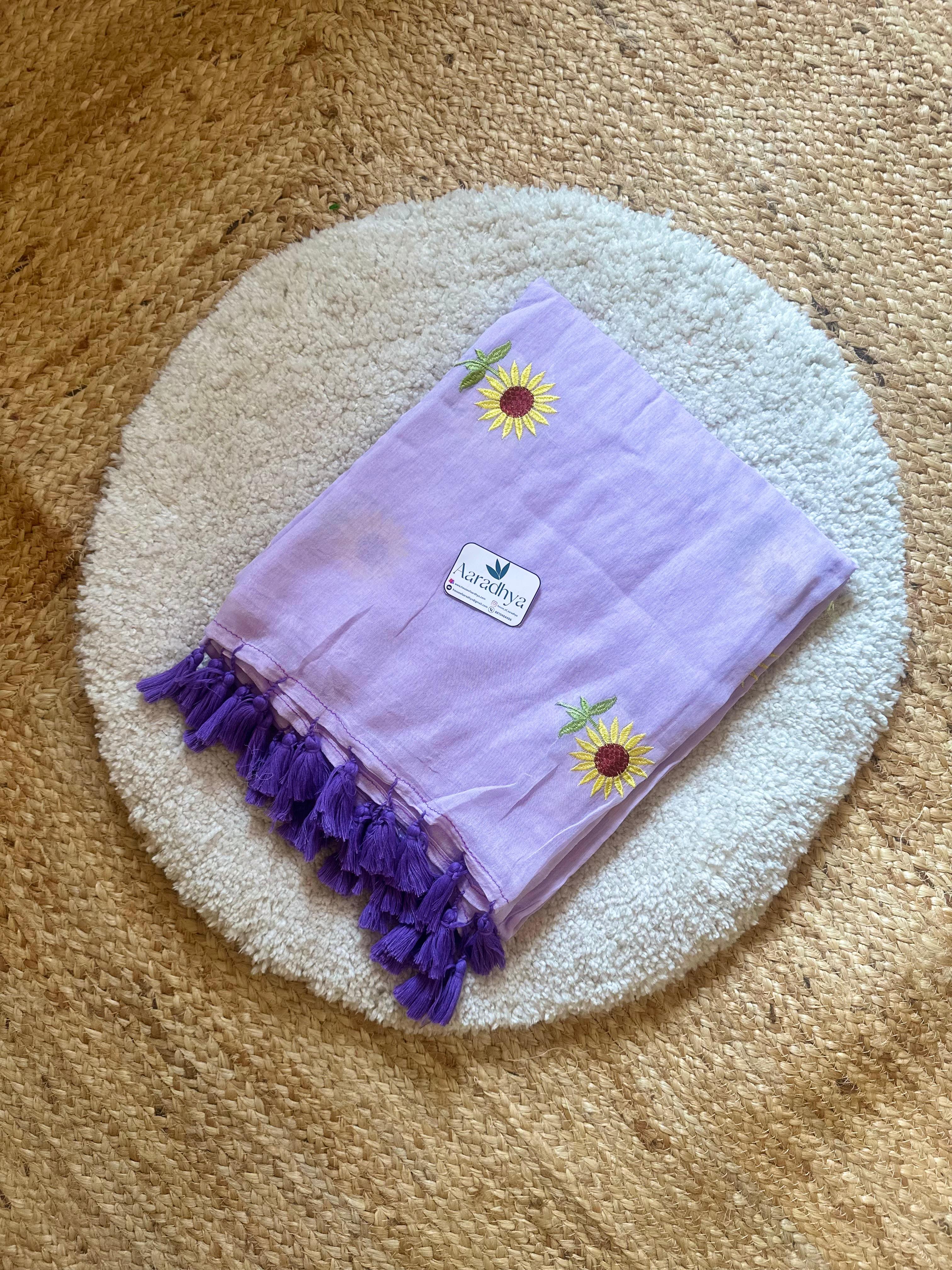 Sunflower Embroidery | Lavender Mul Cotton Saree