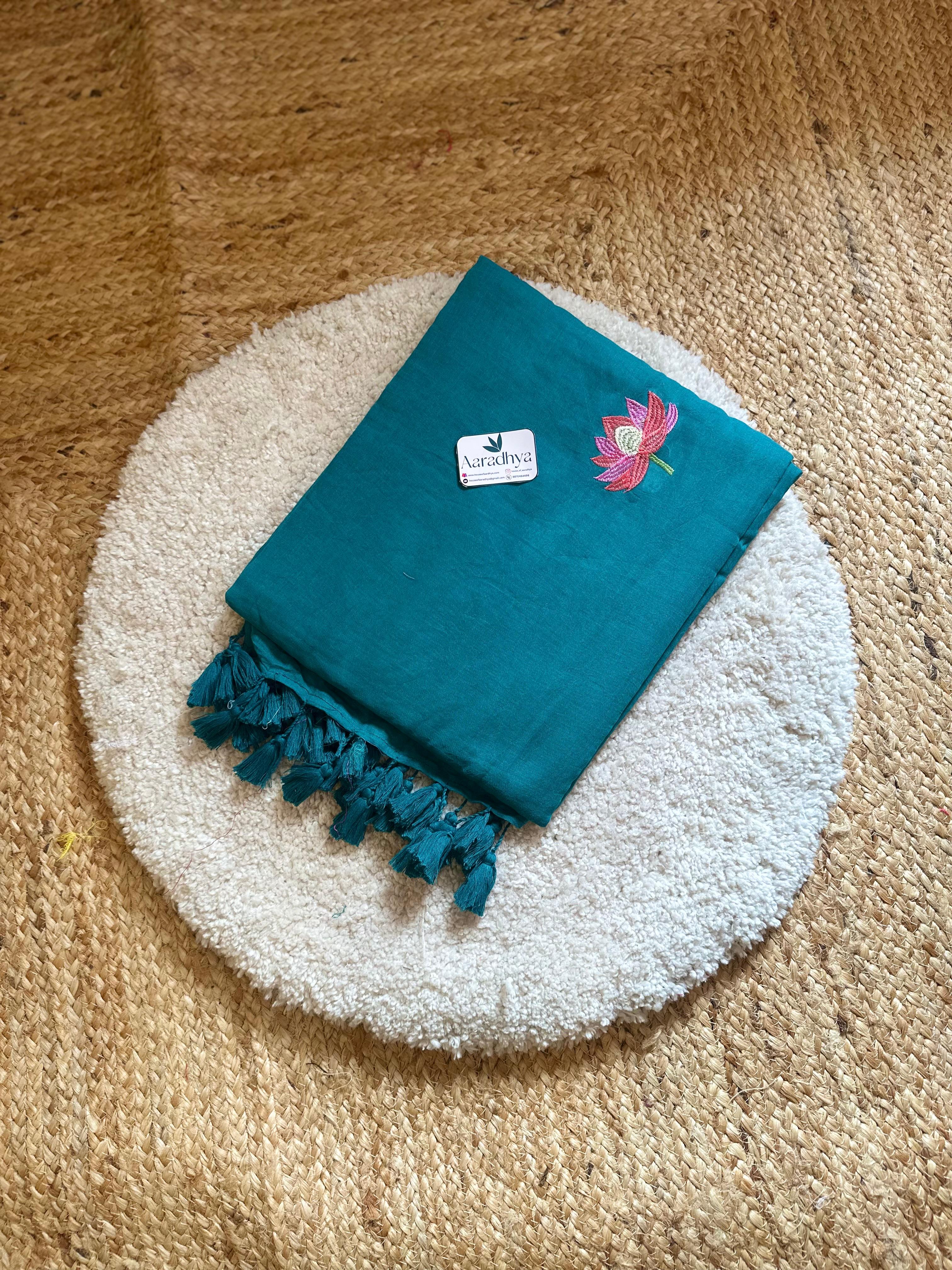 Lotus Embroidery |Rama Blue Mul Cotton Saree