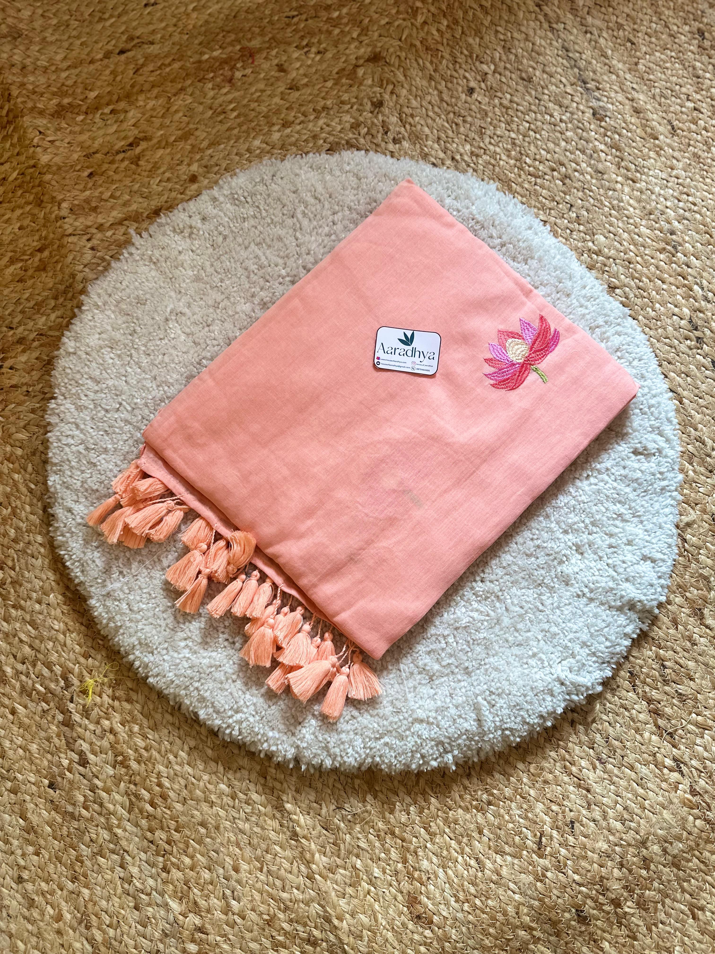 Lotus Embroidery |Peach Mul Cotton Saree