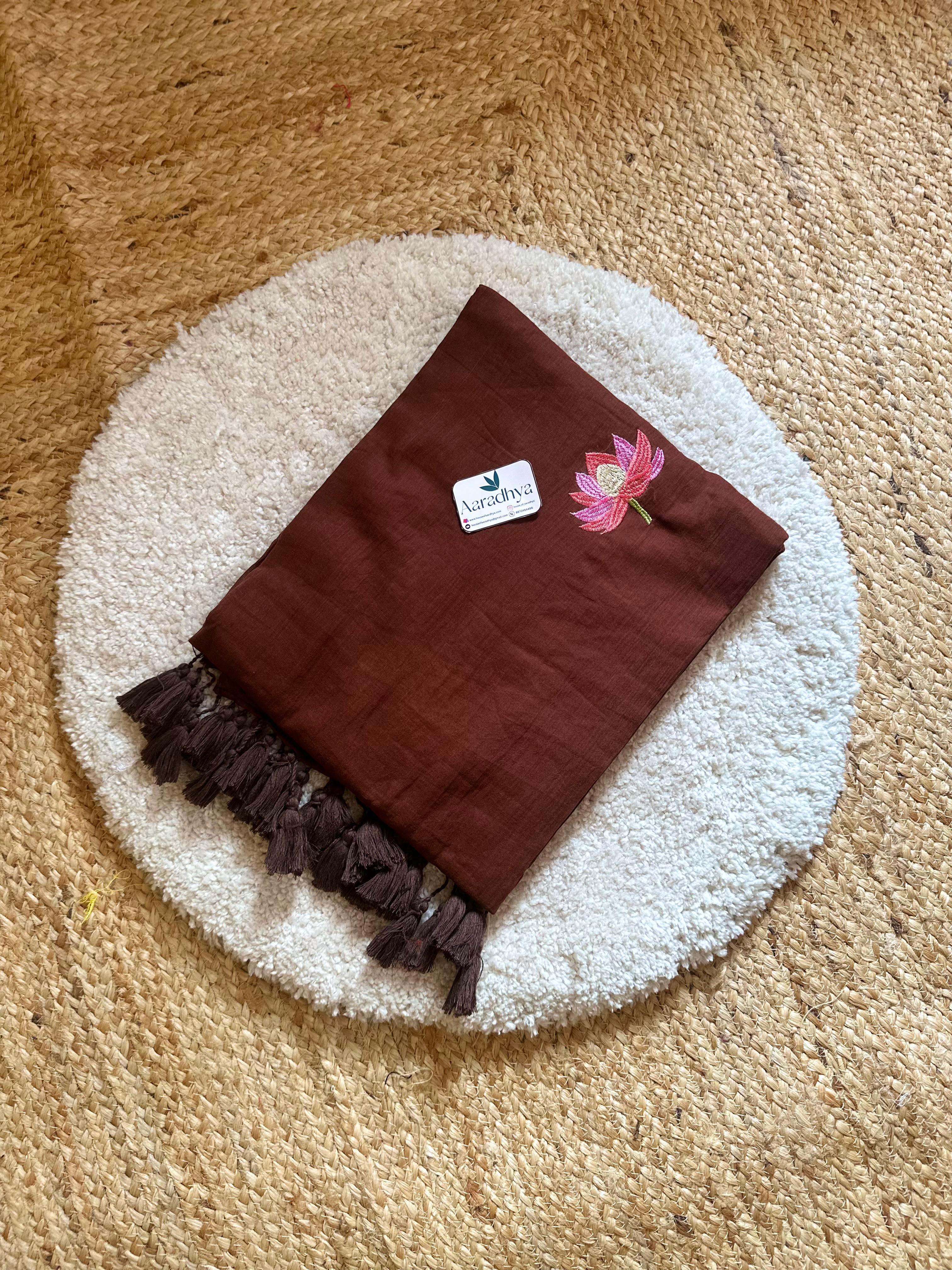 Lotus Embroidery |Coffee Brown Mul Cotton Saree
