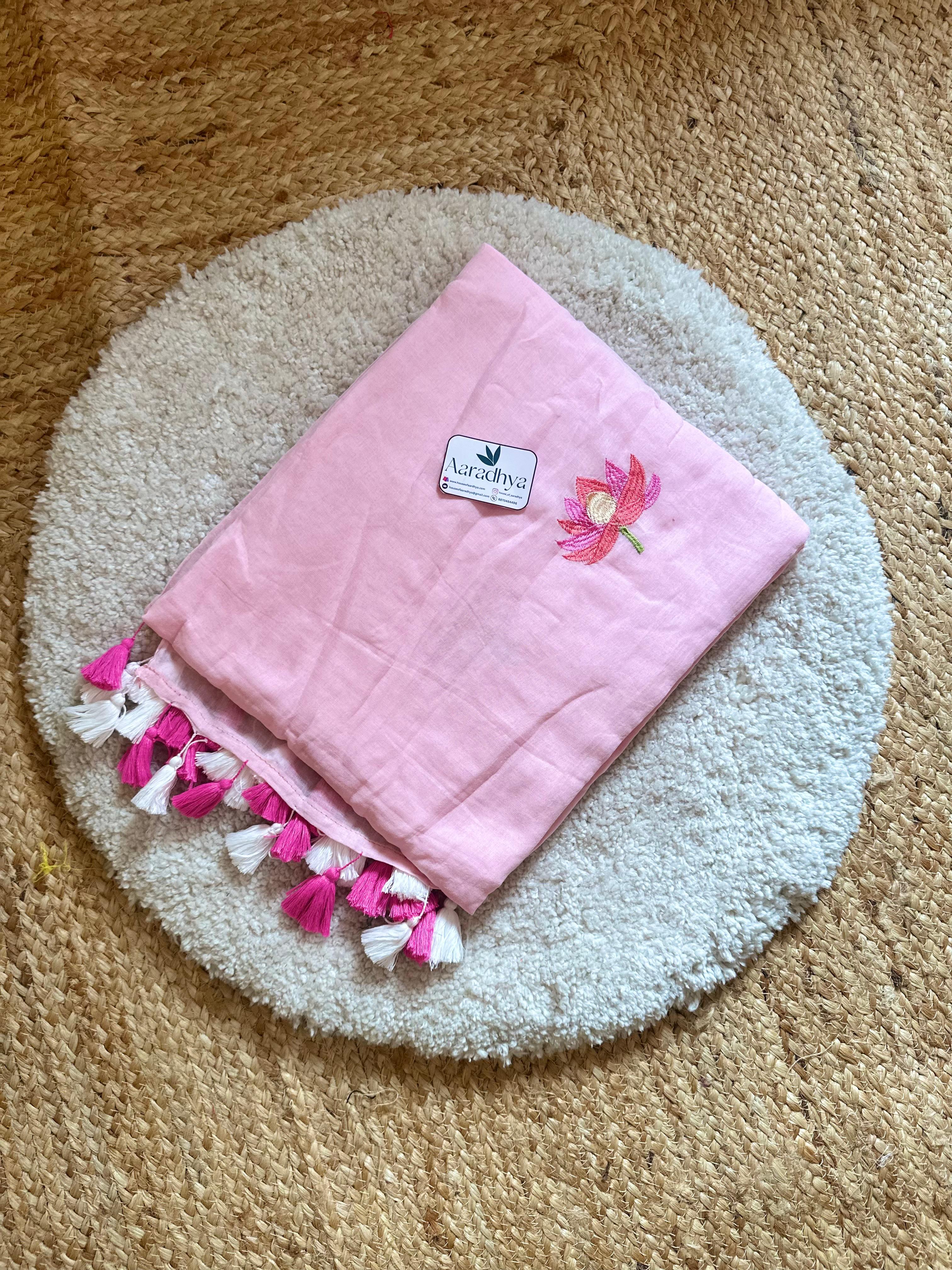 Lotus Embroidery |Light pink Mul Cotton Saree