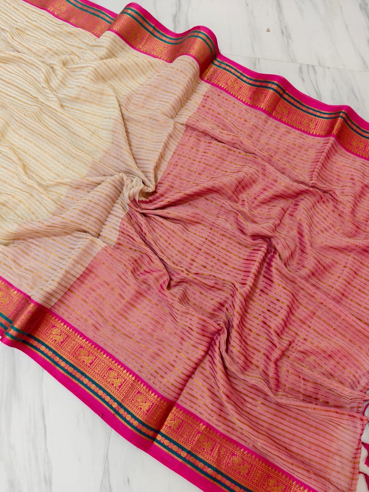 Striped Kanchi Border Festive Saree | Mul Cotton Saree
