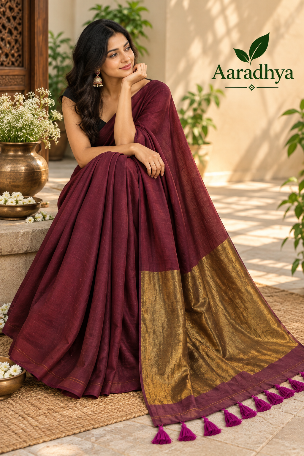 Golden Zari Pallu | Maroon Modal Cotton Saree