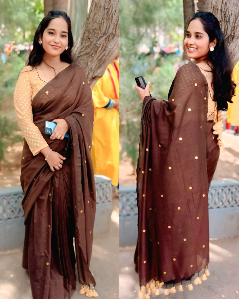 GINI Work |  Coffee Brown Soft Cotton Saree