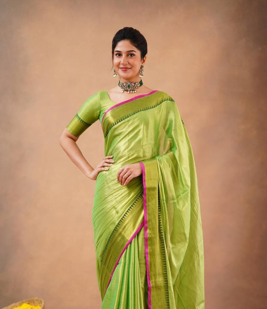 Temple border | Green | Raga Tissue Saree