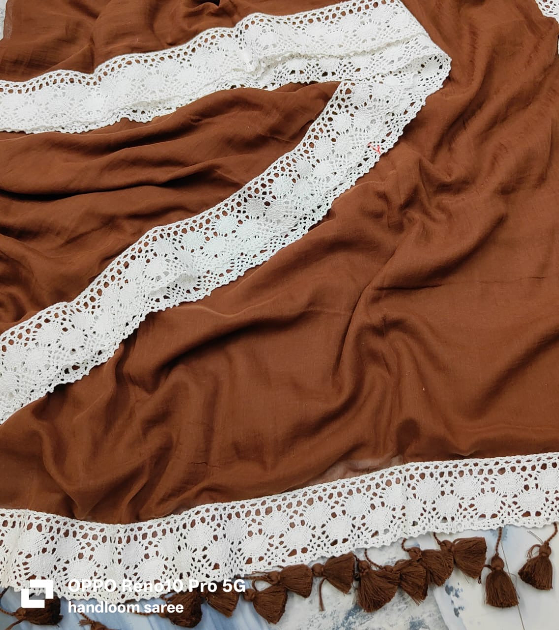 Lace Border |  Brown Mul Cotton Saree