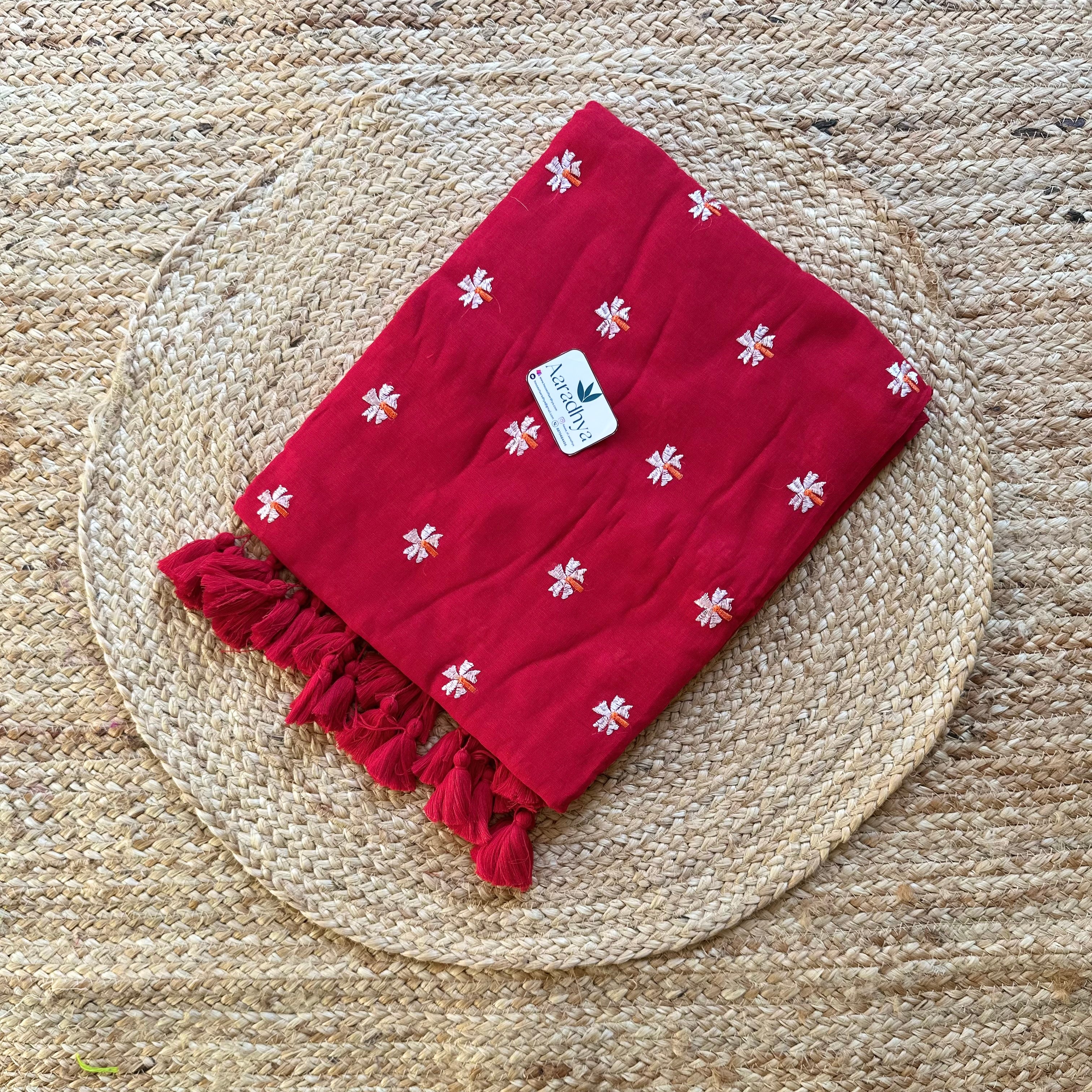 Prajakta Embroidery | Red Mul Cotton Saree