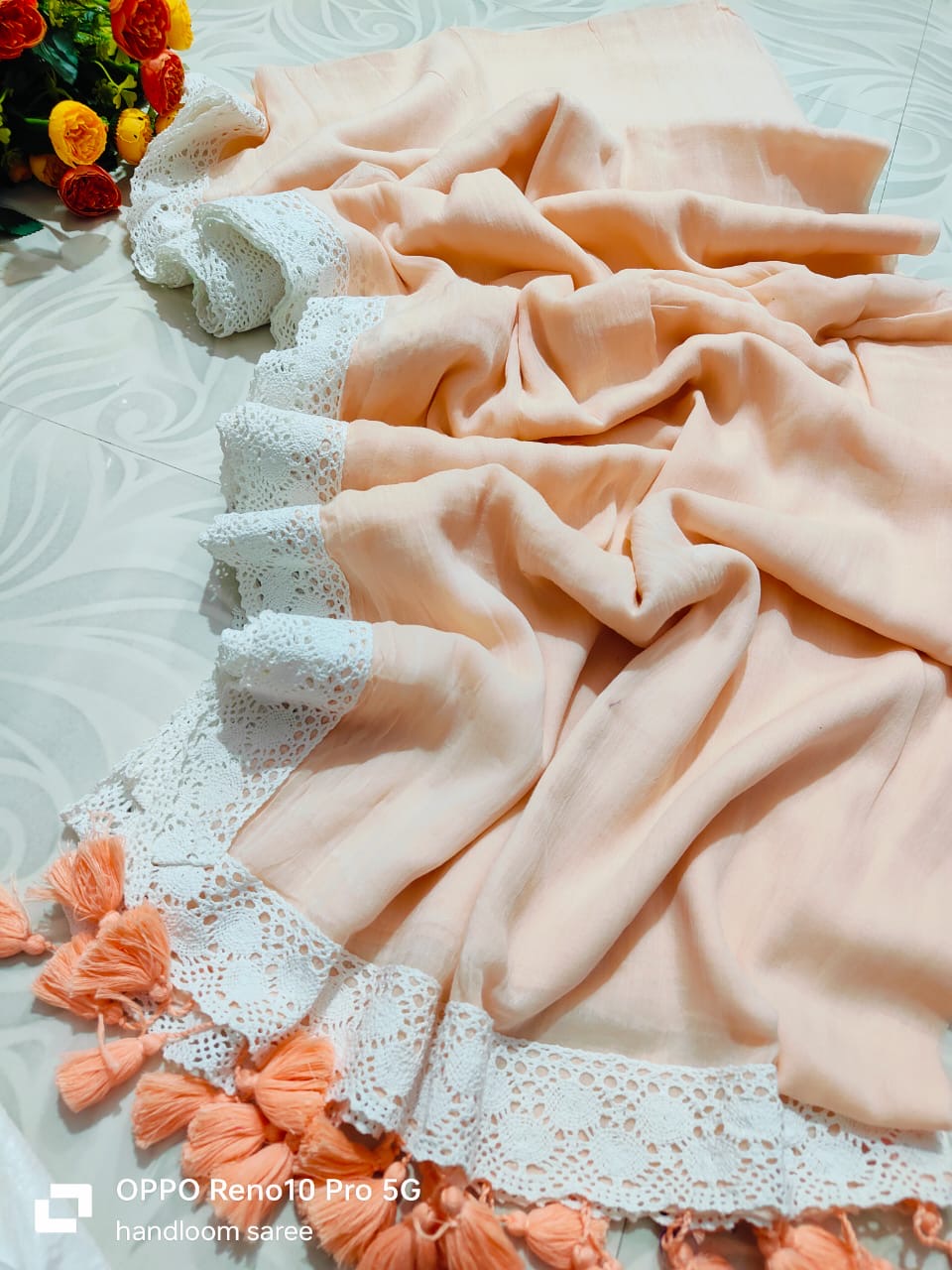 Lace Border |  Peach Mul Cotton Saree