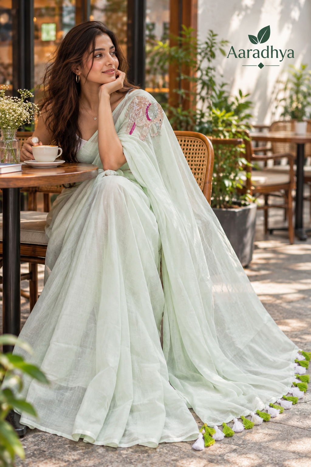 Party Wear Elephant Sequins Work |Pastel Green Mul Cotton Saree